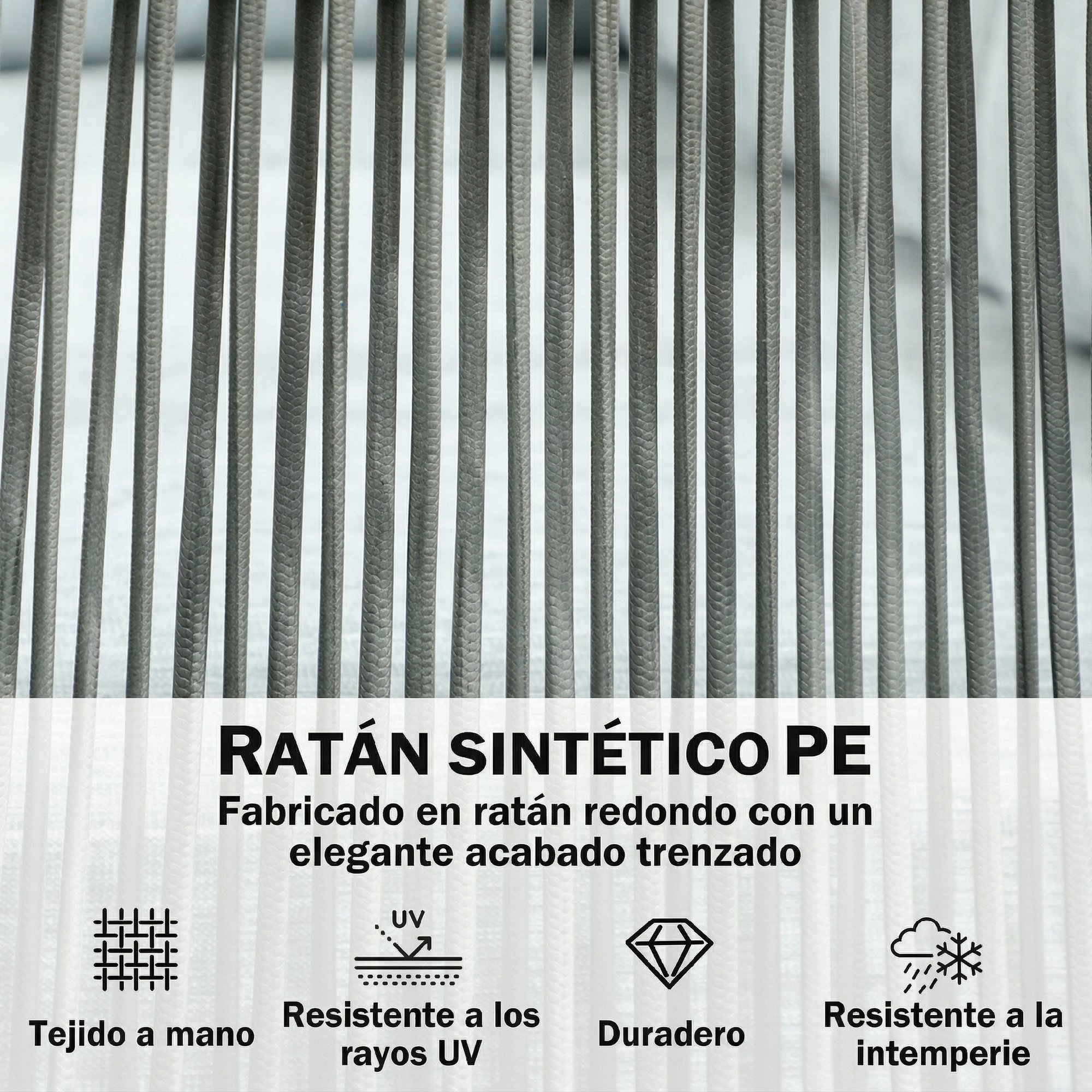 Ratán de PE trenzado gris con iconos de tejido a mano, UV, durabilidad y resistencia.