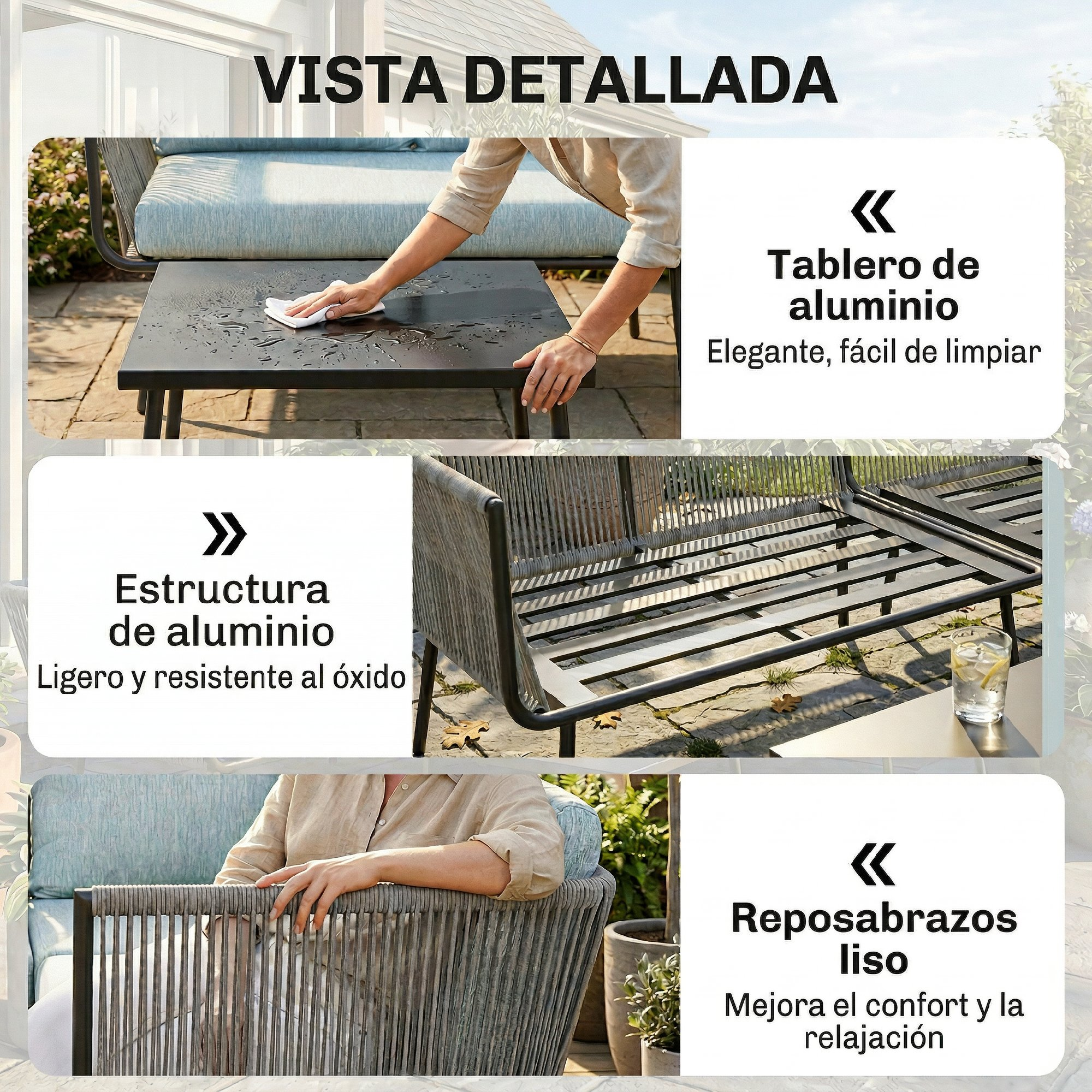 Una persona limpia una mesa, parte de un juego de muebles de exterior.