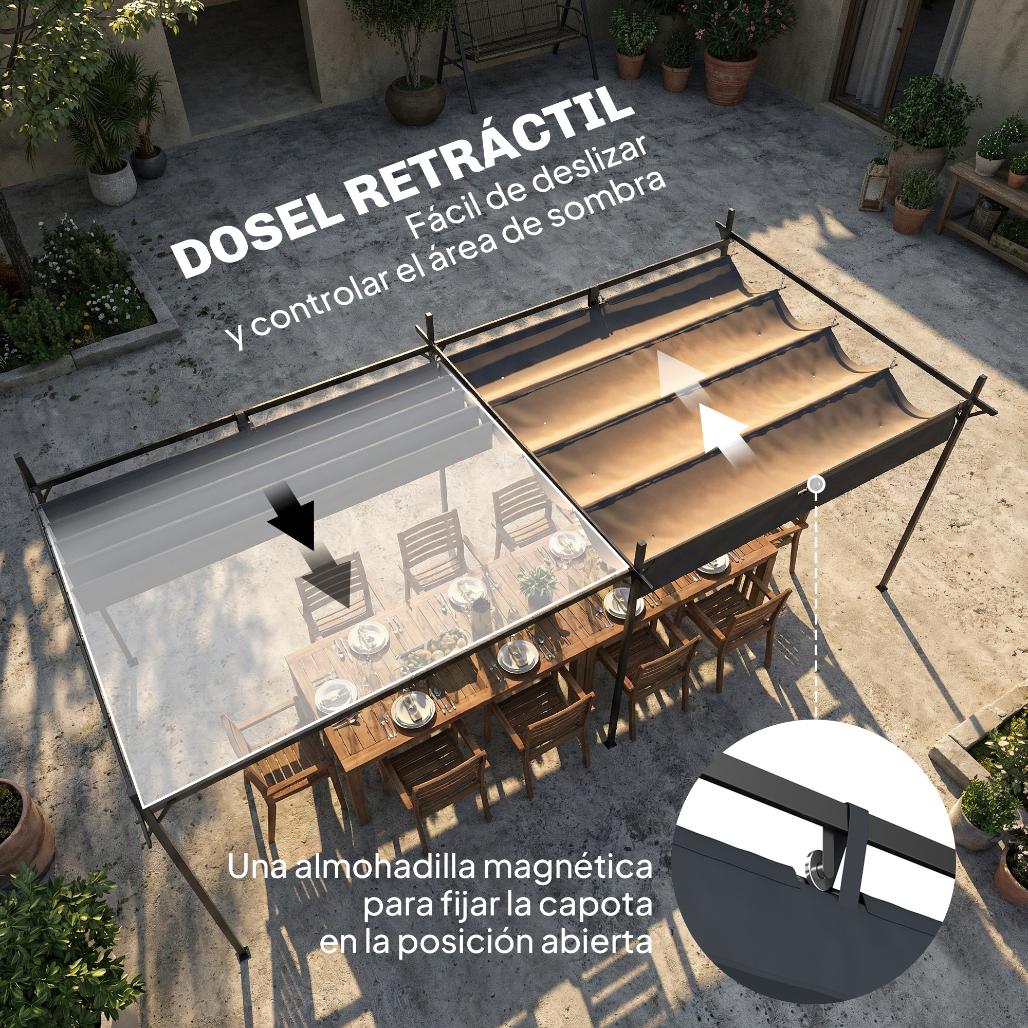 Dosel retráctil sobre mesa con sillas, con flechas indicando movimiento.