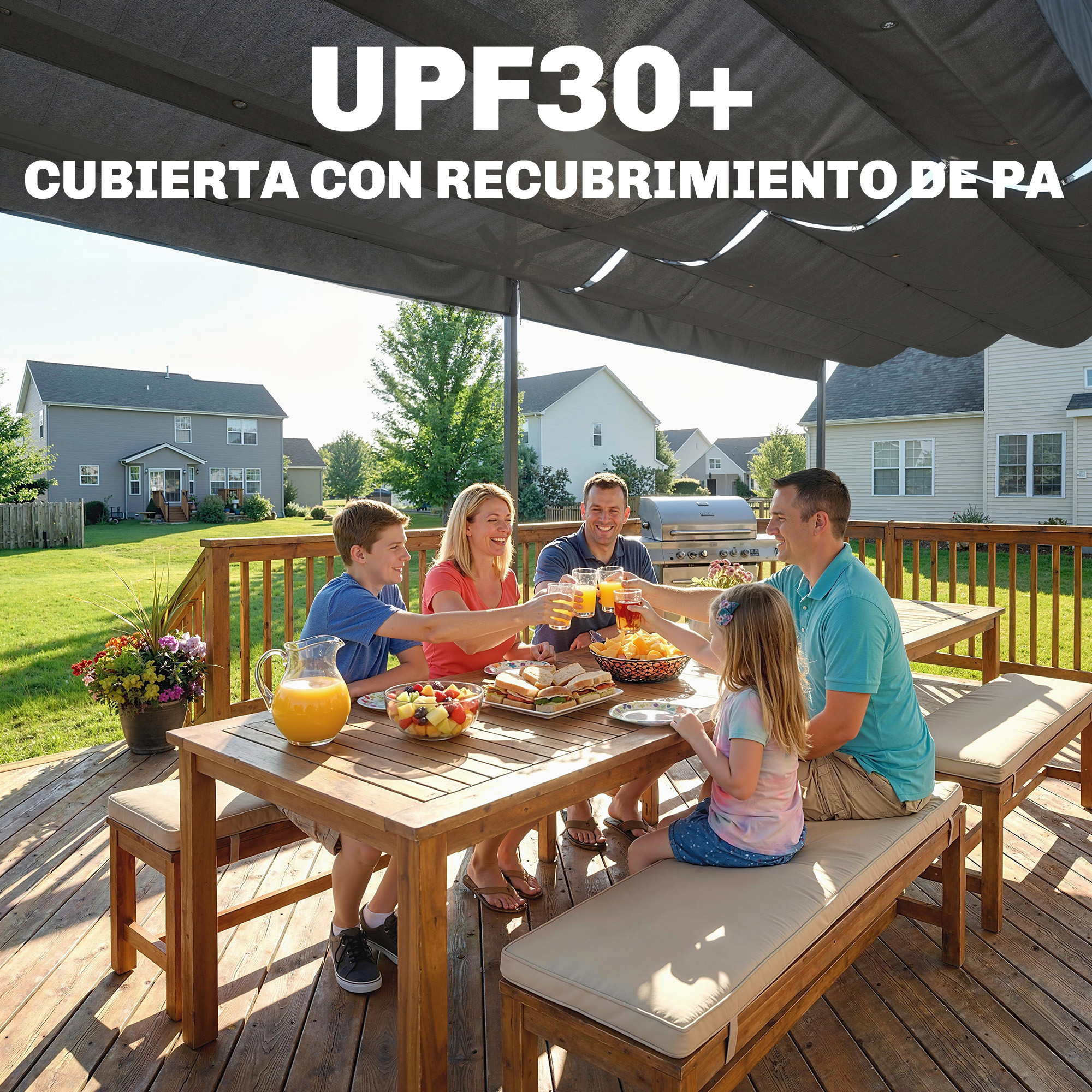 Familia brinda en terraza de madera bajo toldo con comida y bebidas.