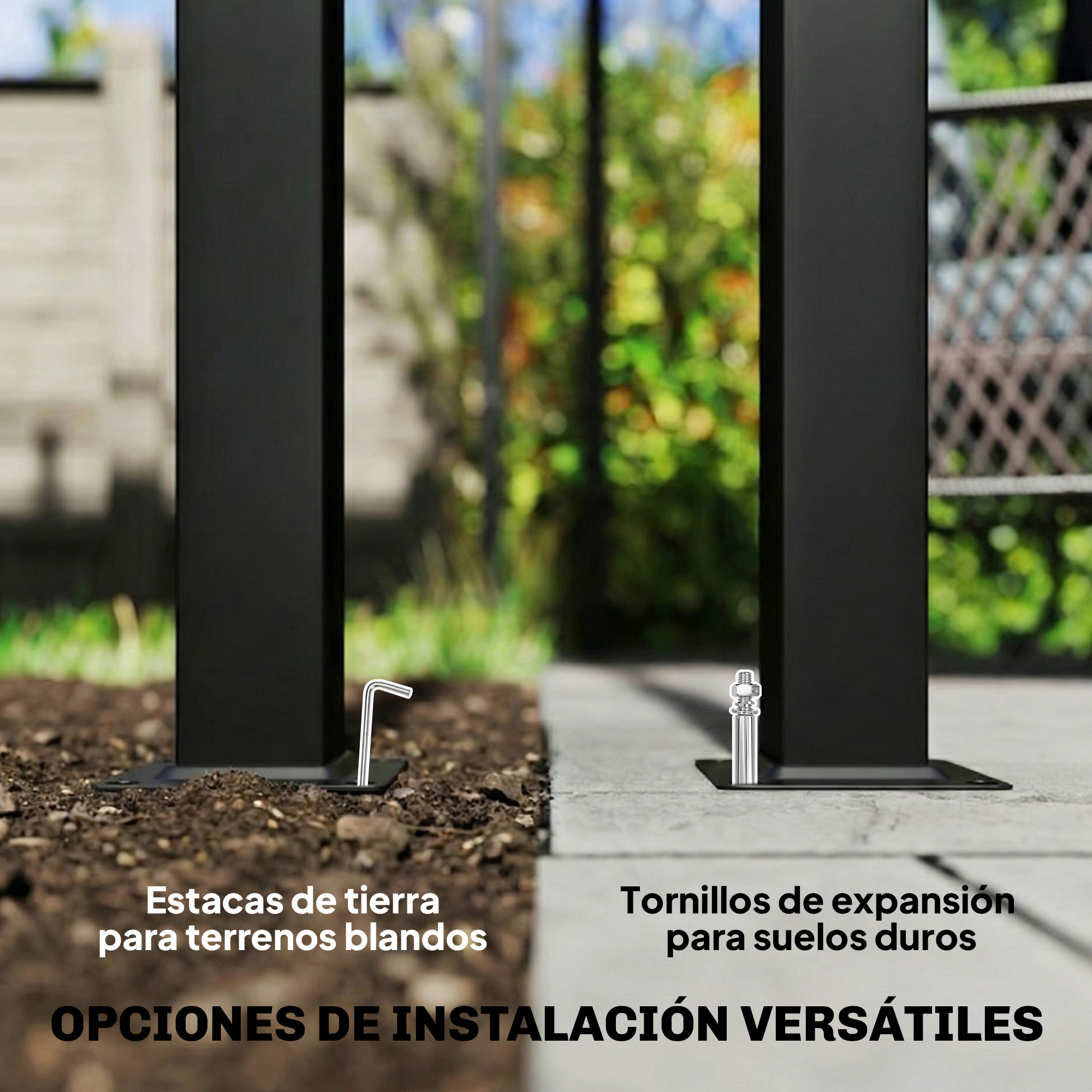 Dos postes con diferentes instalaciones de suelo: estacas y tornillos de expansión.