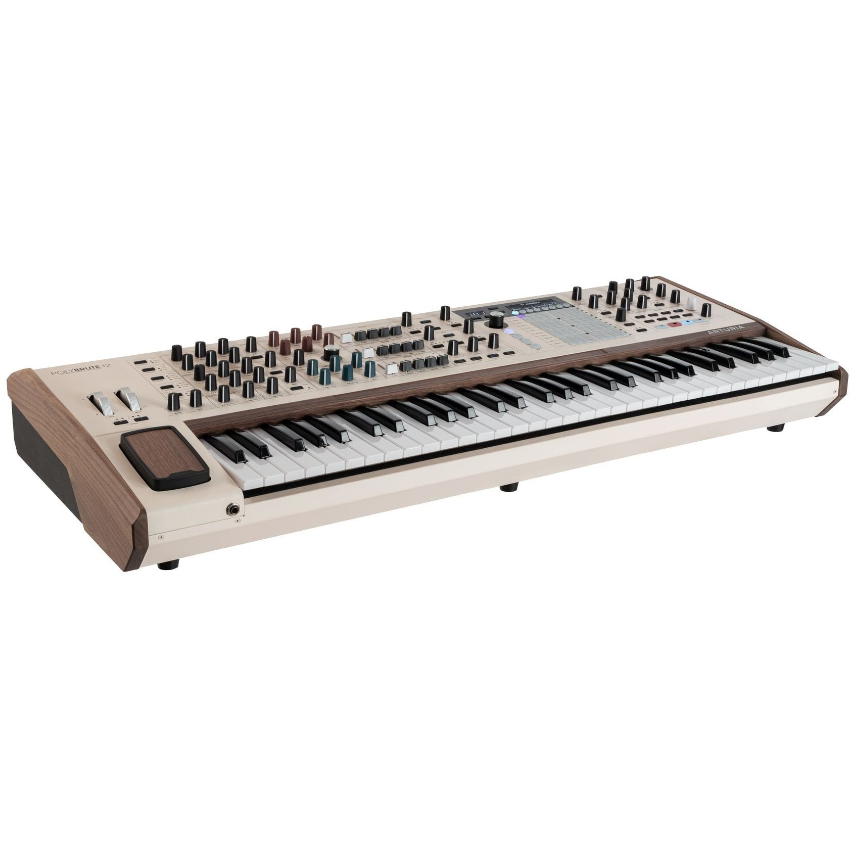 Een witte synthesizer met houten zijkanten en zwart-witte toetsen.