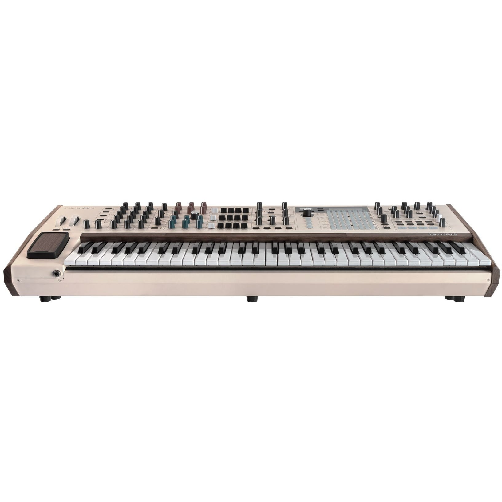 Beige synthesizer keyboard met houten afwerking, met vele knoppen en toetsen.