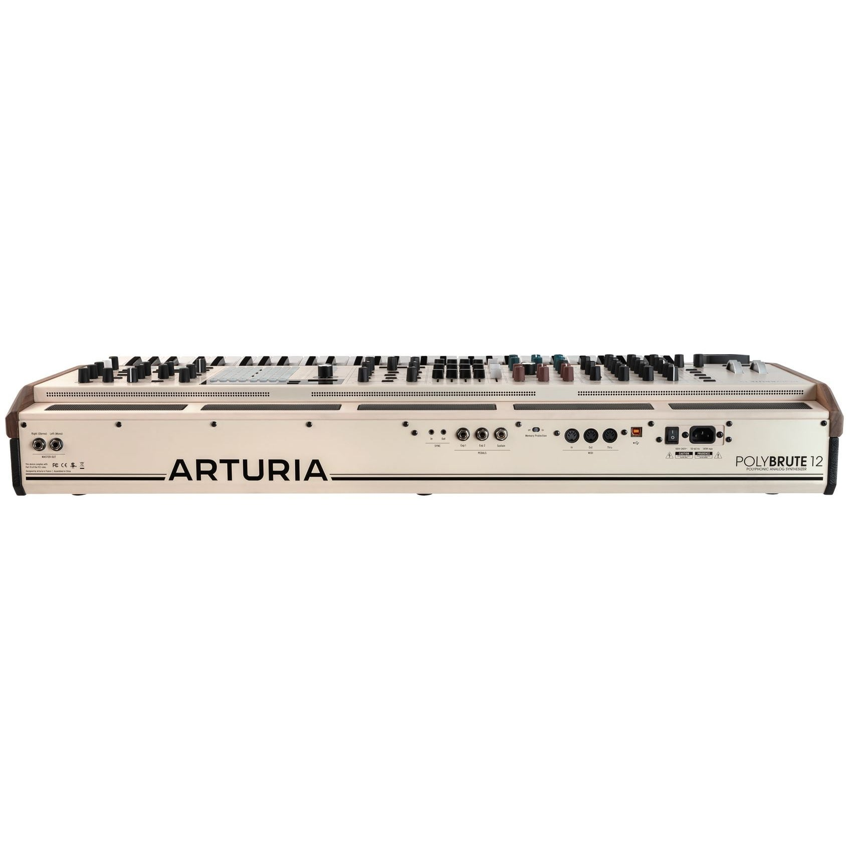 Een wit Polybrute 12 synthesizer keyboard met talrijke knoppen en schuifregelaars.