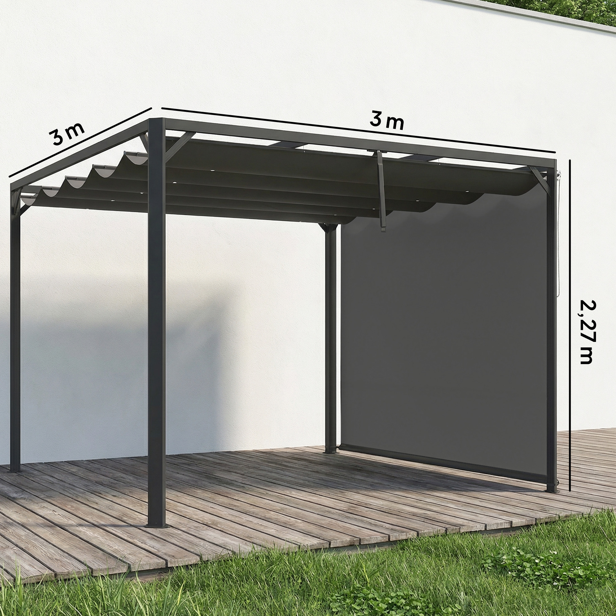 Pérgola de lona gris, de 3x3m y 2,27m de altura, sobre tarima de madera.