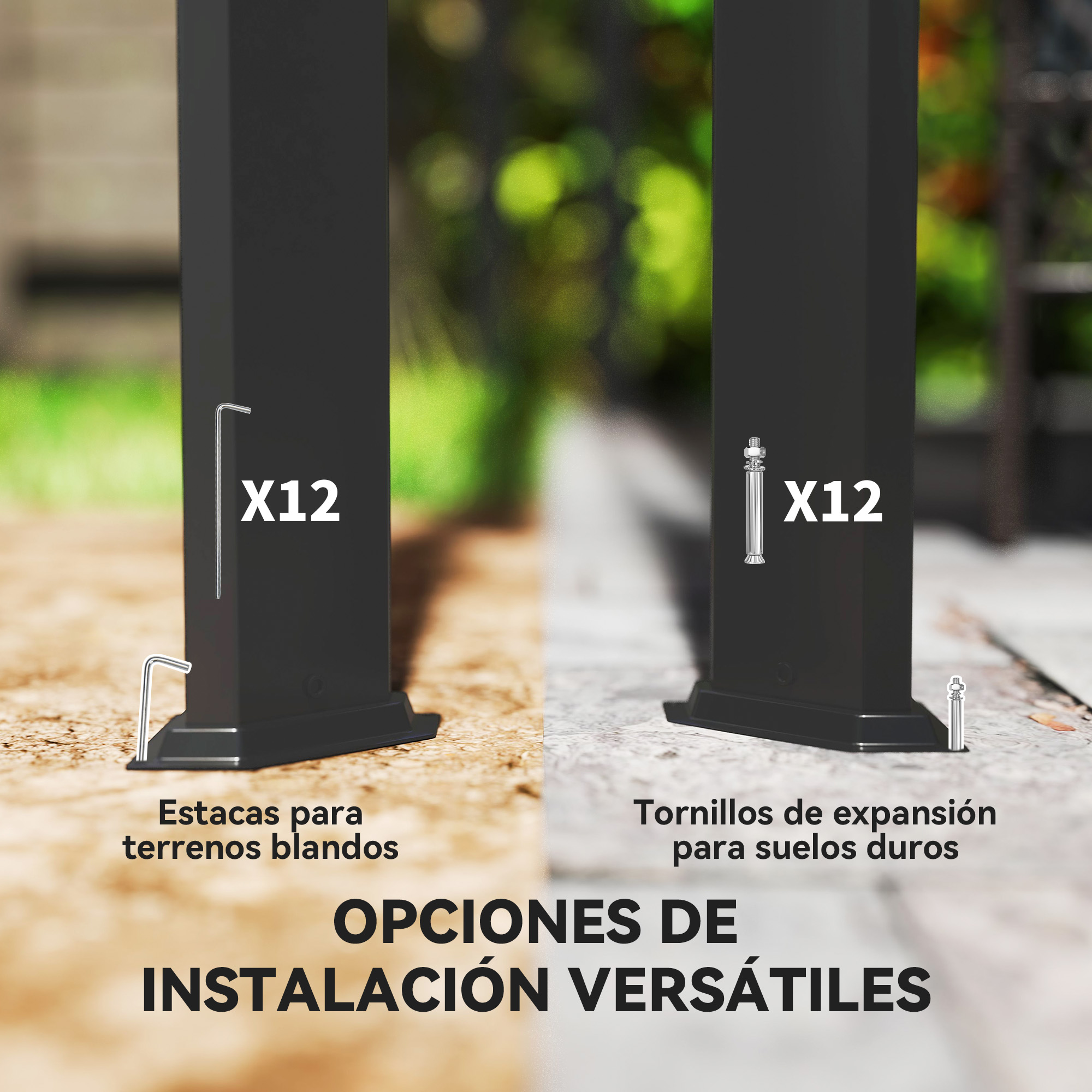 Dos postes negros muestran opciones de instalación: estacas para suelo blando, tornillos de expansión para duro.