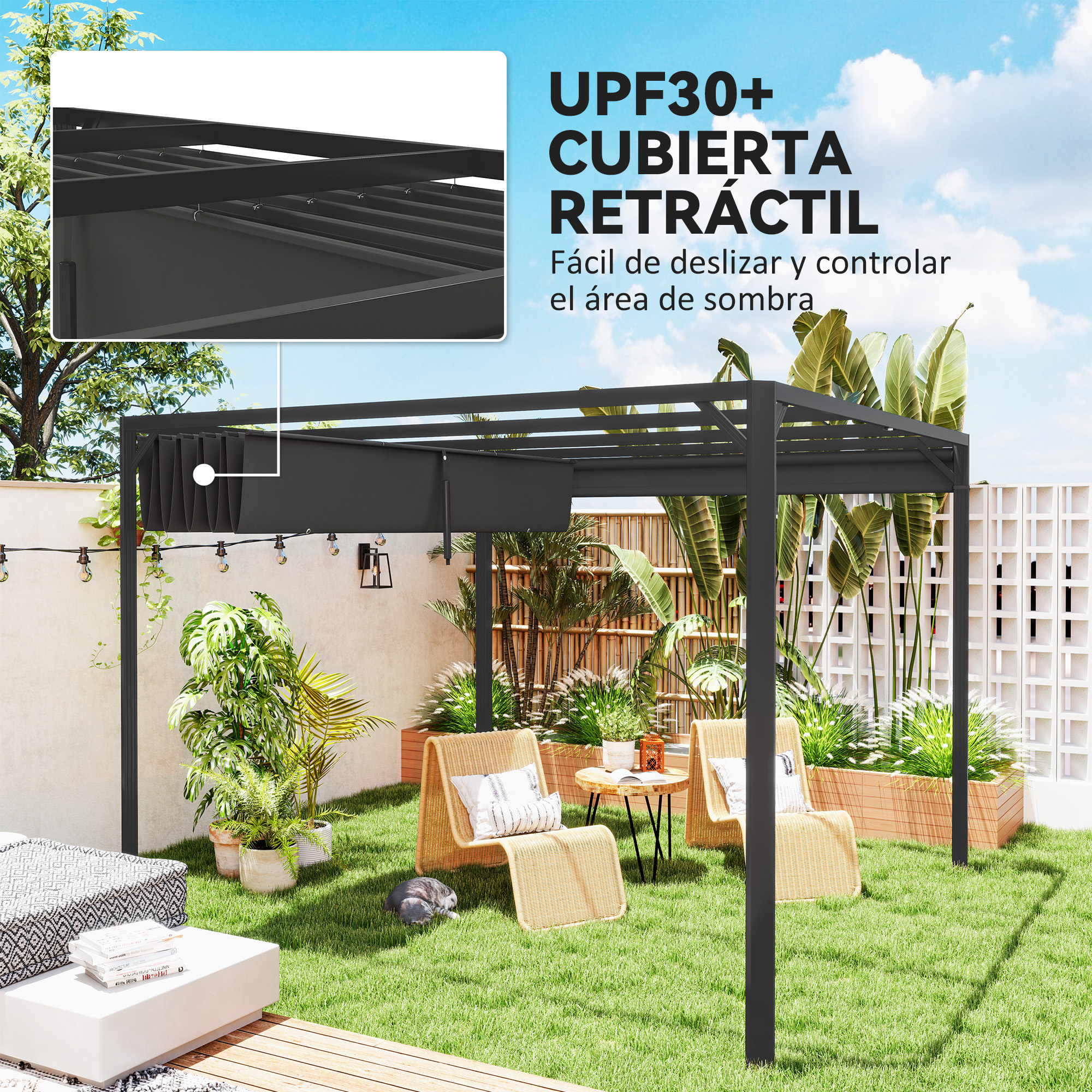 Pérgola con toldo retráctil gris oscuro, dos sillas de mimbre, mesa y plantas.