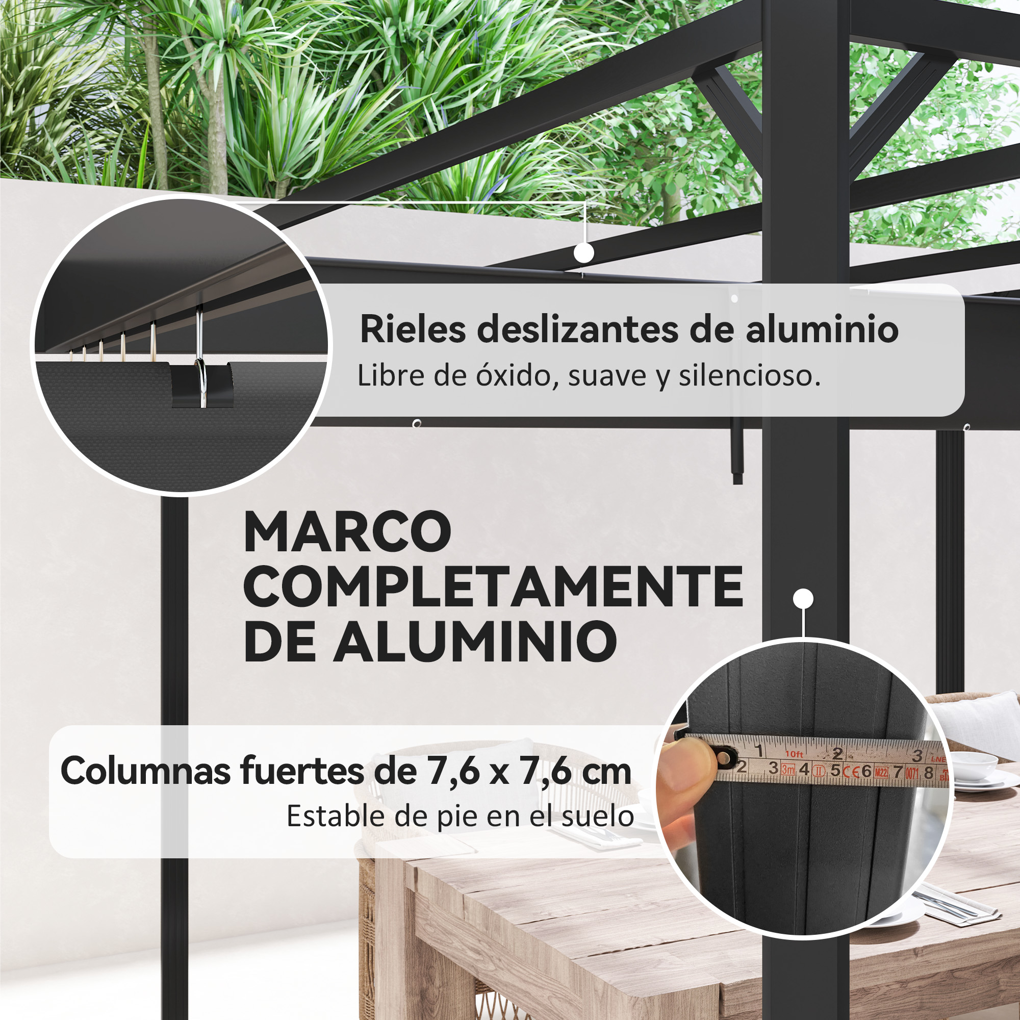 Estructura de gazebo de aluminio negro con primeros planos de rieles y postes de 7,6 cm.