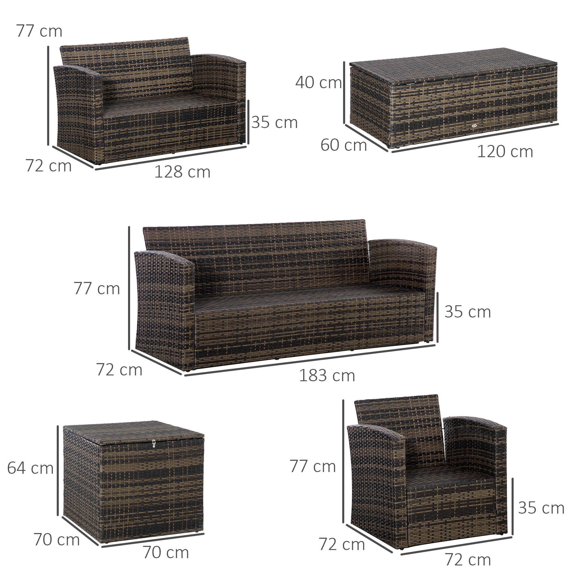 Conjunto de muebles de mimbre con medidas: sofá 2 plazas (128x72x77cm), mesa (120x60x40cm), sillón (72x72x77cm), baúl (70x70x64cm).