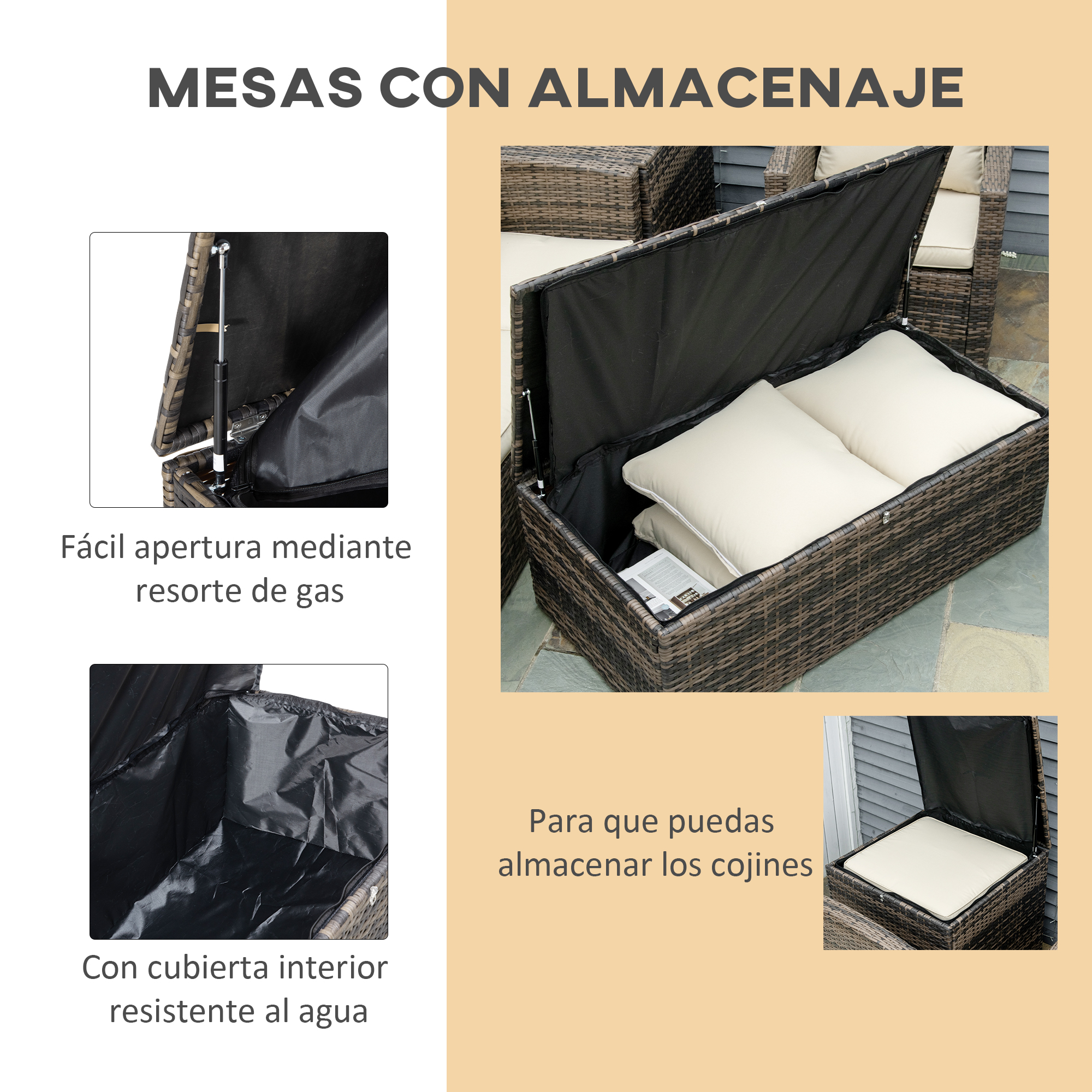 Cofre de almacenamiento de ratán marrón abierto, mostrando cojines e interior.