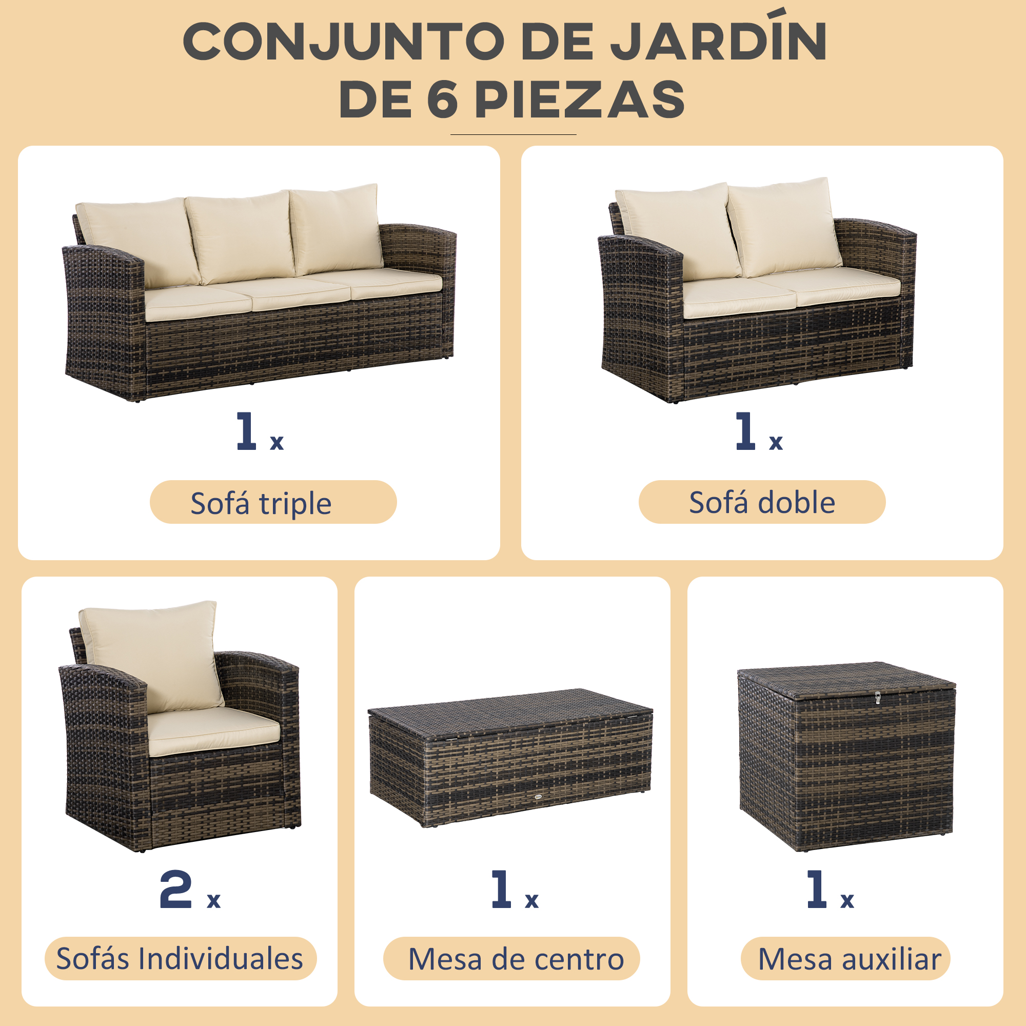 Conjunto de muebles de jardín: sofá 3 plazas, sofá 2 plazas, 2 sillones.