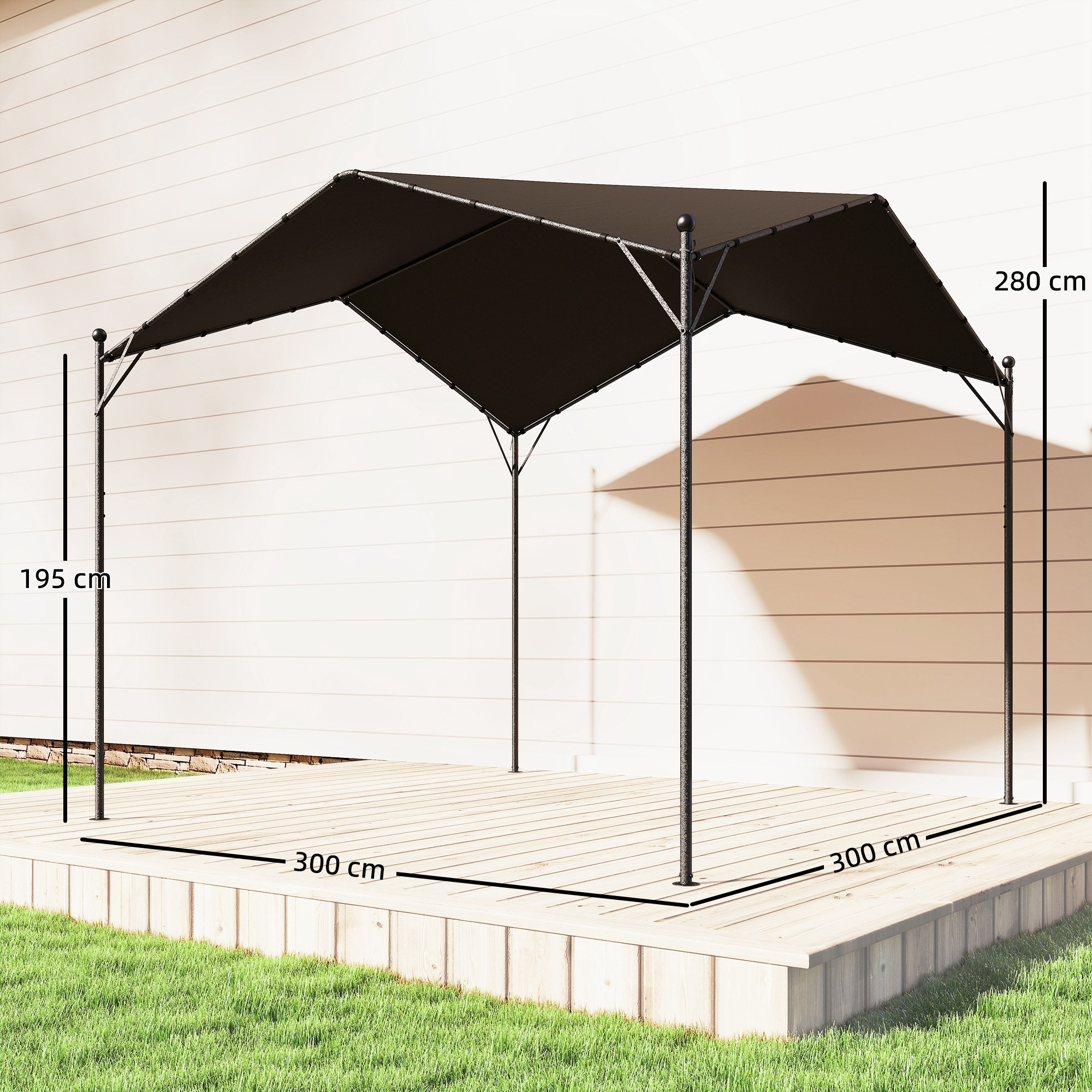 Toldo negro sobre tarima de madera, 300x300 cm, altura 195/280 cm.