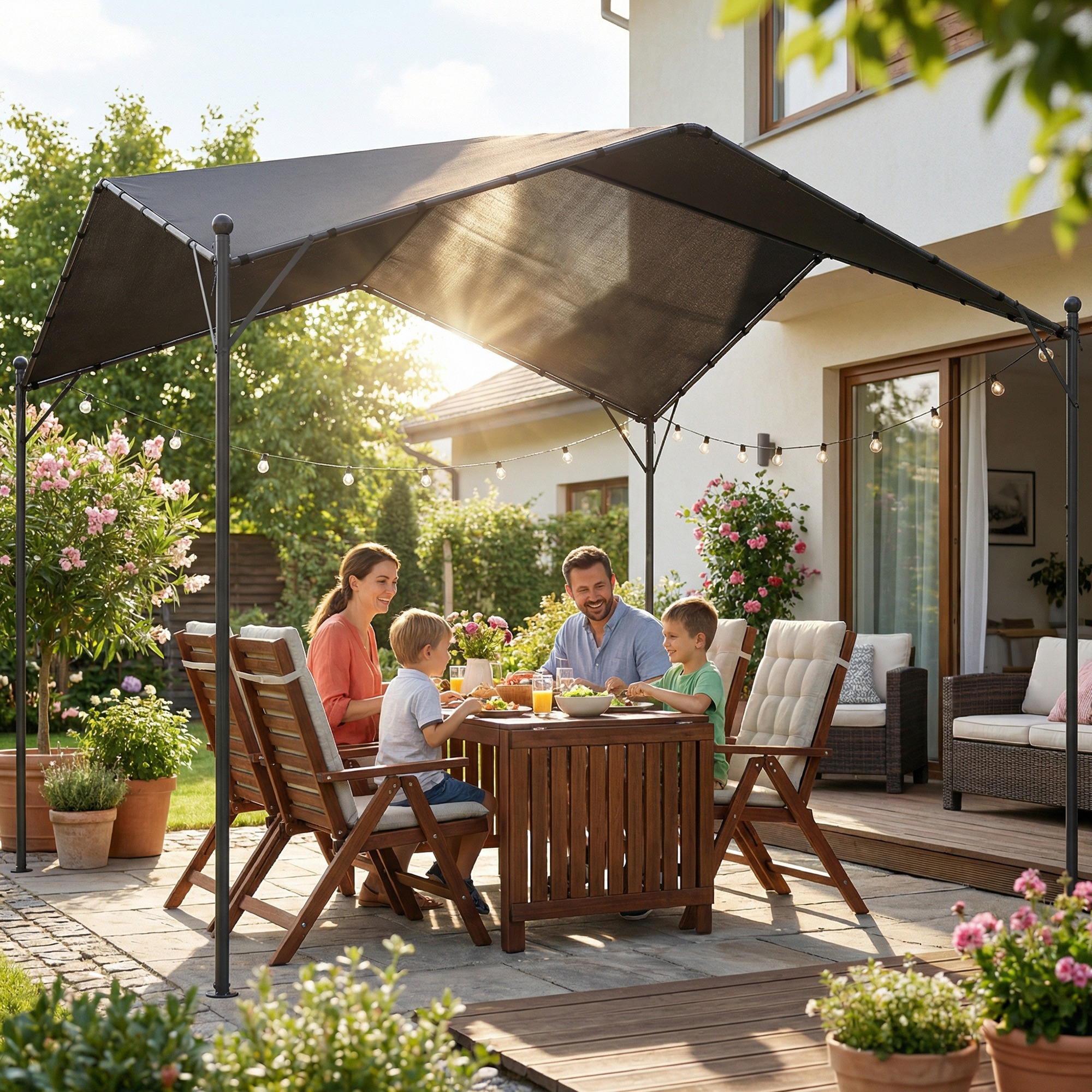 Familia cena bajo un toldo de jardín con flores y luces.