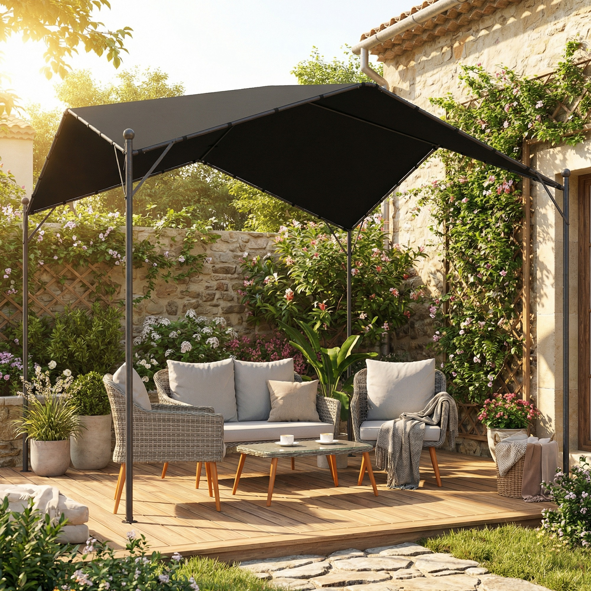Un conjunto de salón de jardín bajo un toldo negro con muros de piedra y flores.