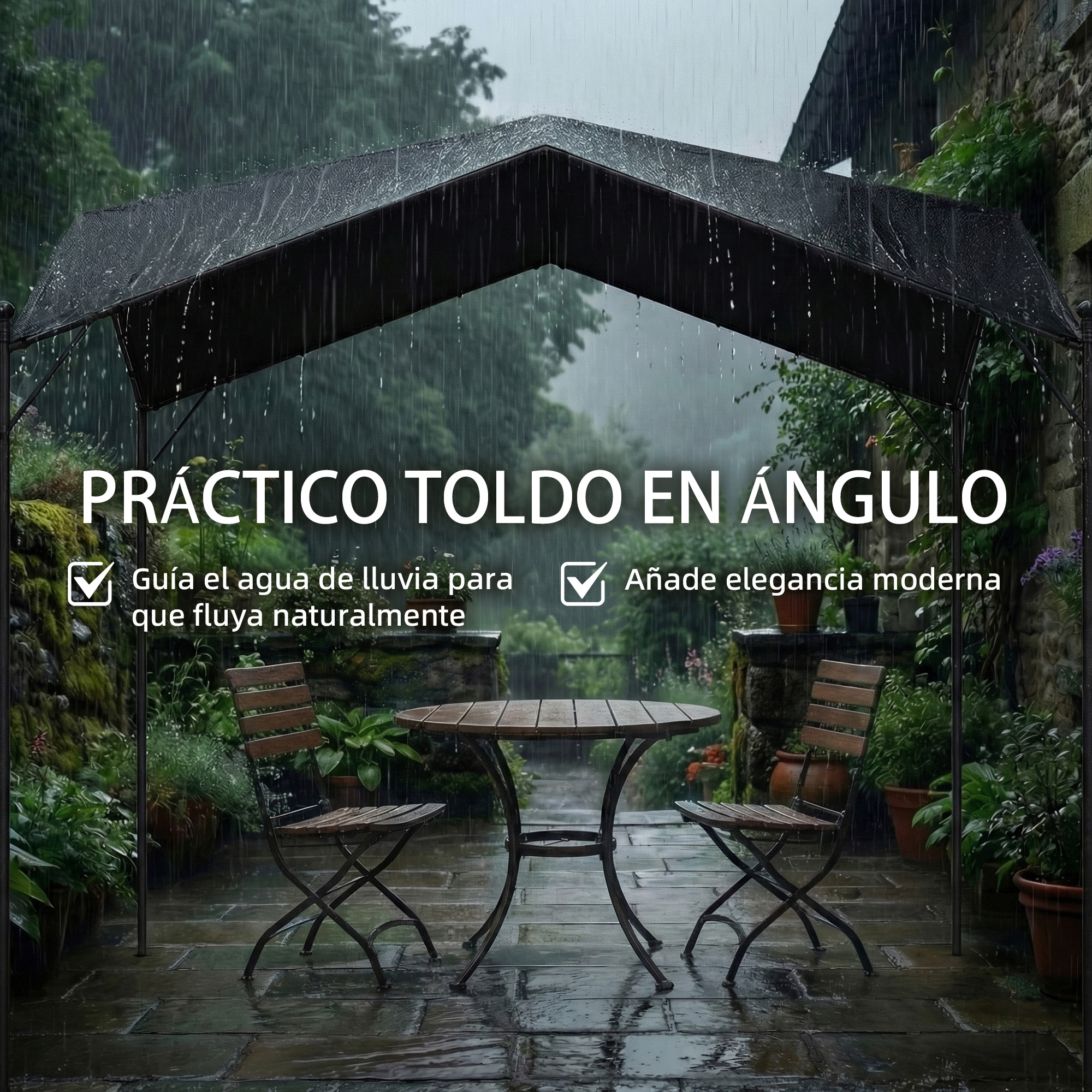 Un área de asientos cubierta con mesa y sillas bajo la lluvia.