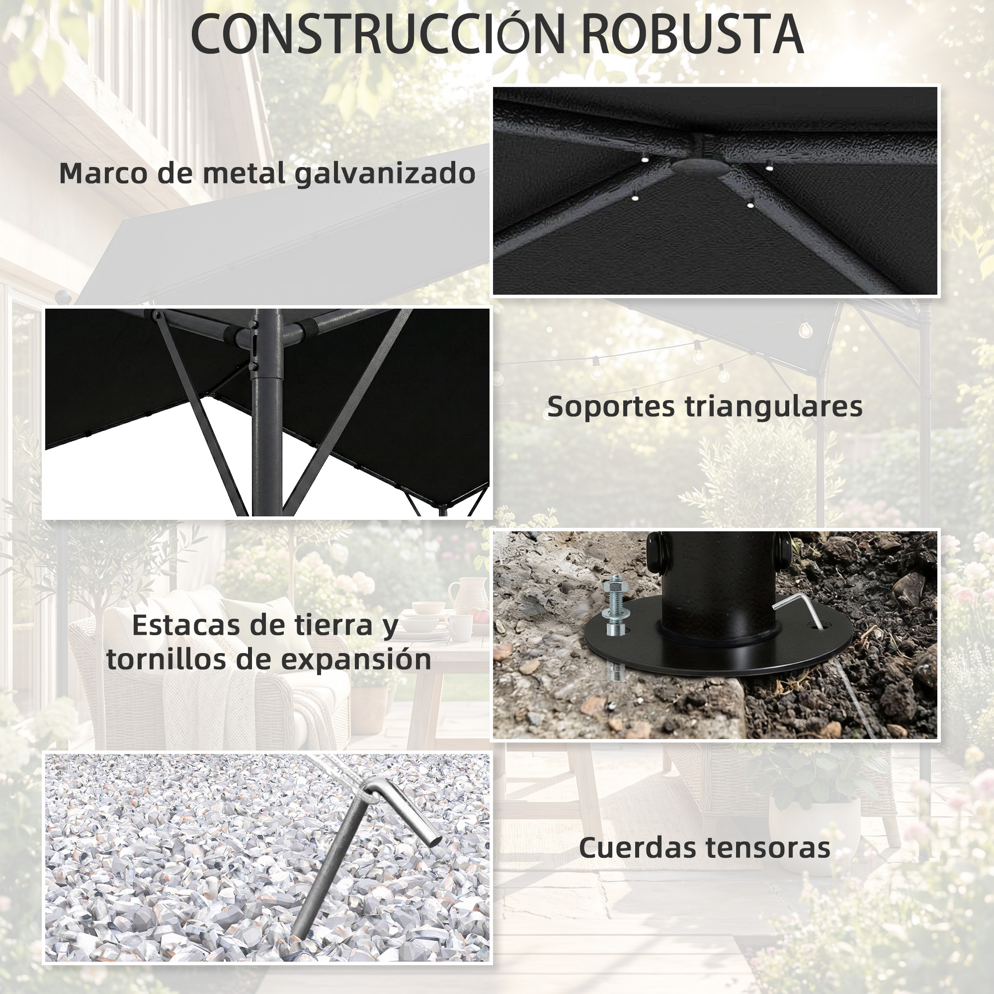 Construcción robusta con marco de metal galvanizado, soportes triangulares, estacas, tornillos de expansión y cuerdas tensoras.
