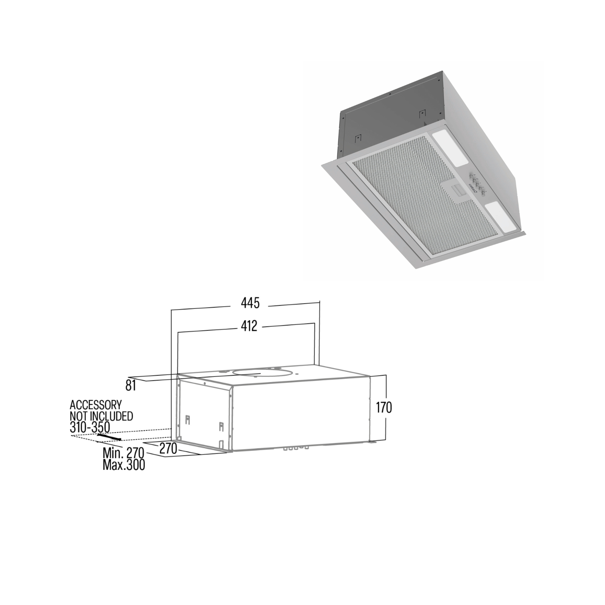 Una campana extractora plateada con dimensiones y detalles técnicos.