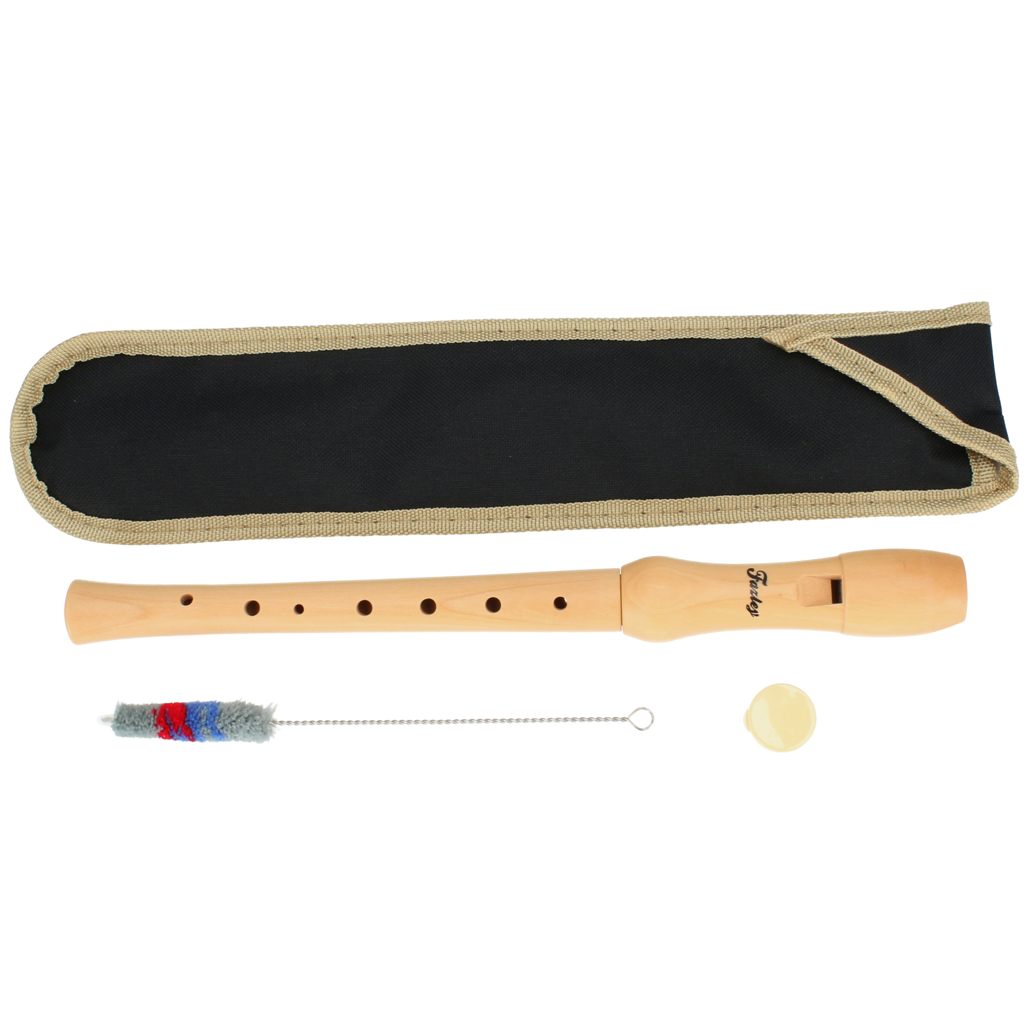 Een houten blokfluitset met etui, schoonmaakborstel en dop.