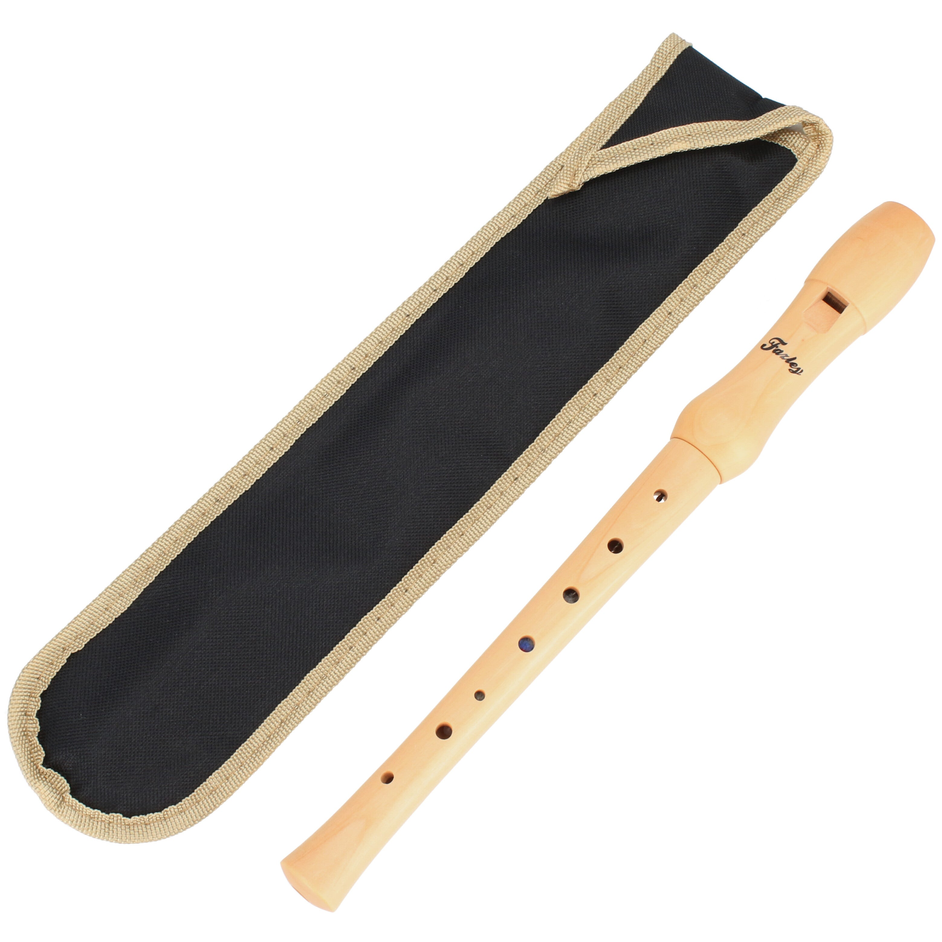 Een beige blokfluit etui ligt naast een houten blokfluit.