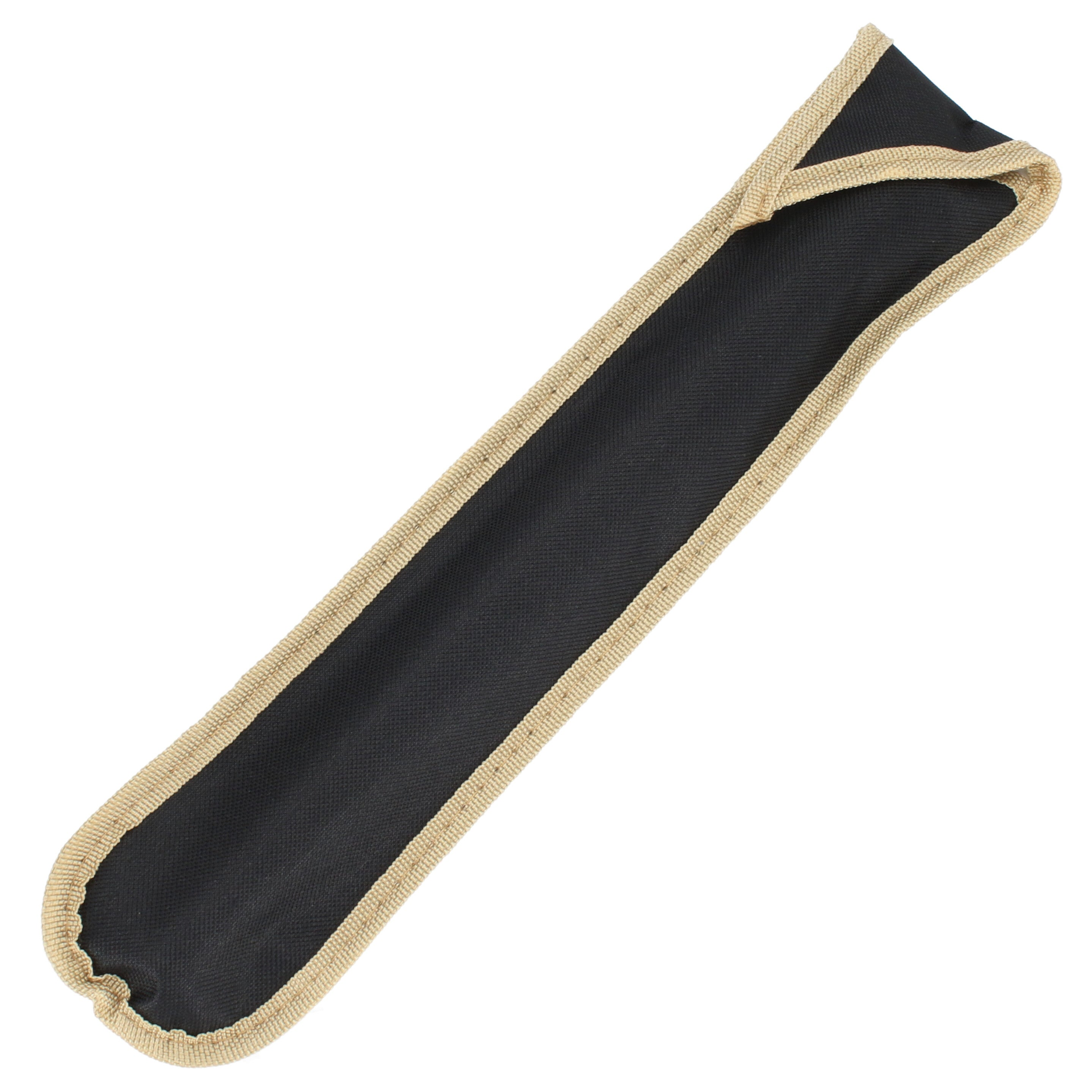Zwarte stoffen etui met beige bies, diagonaal geplaatst.