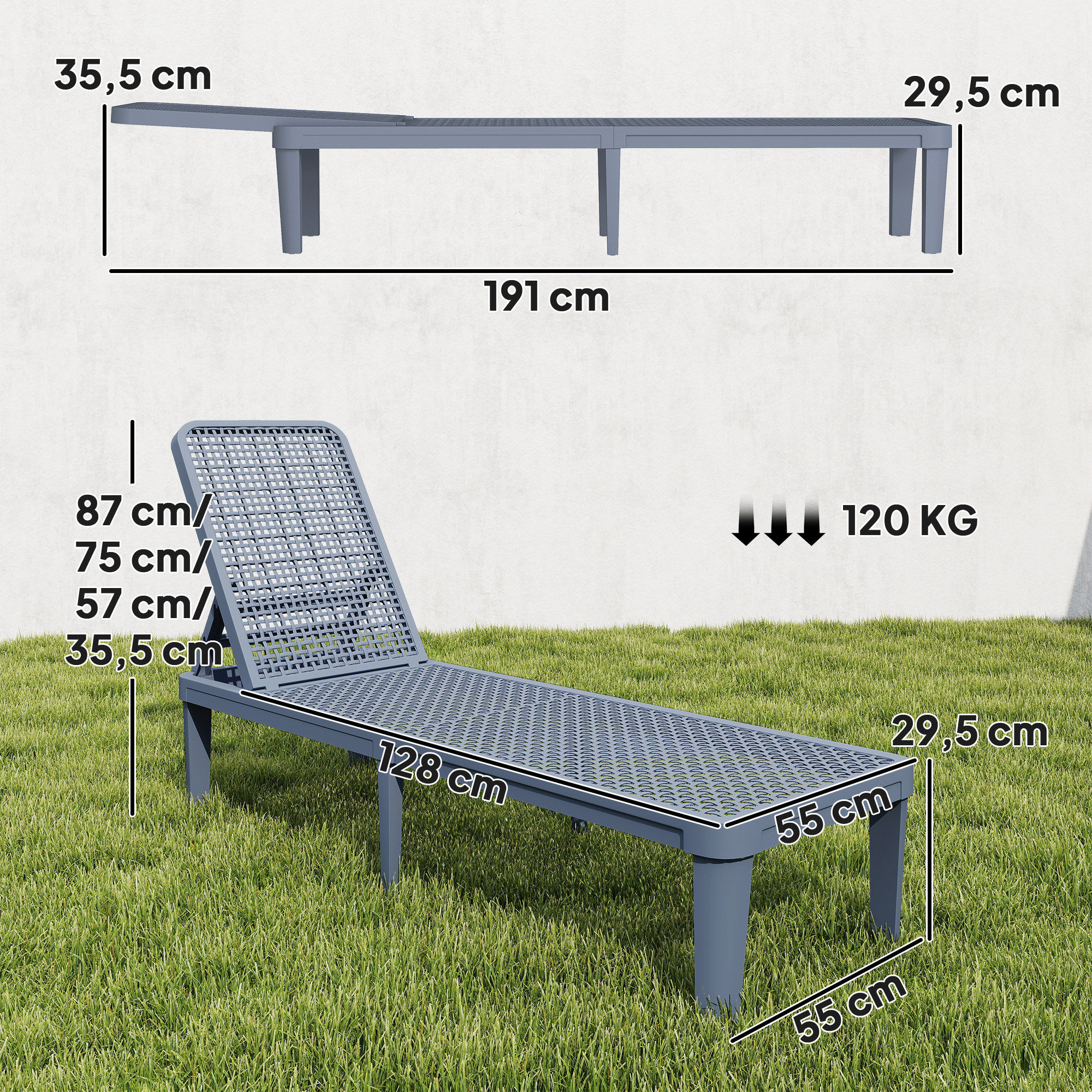 Una tumbona gris ajustable con dimensiones mostradas en un césped.