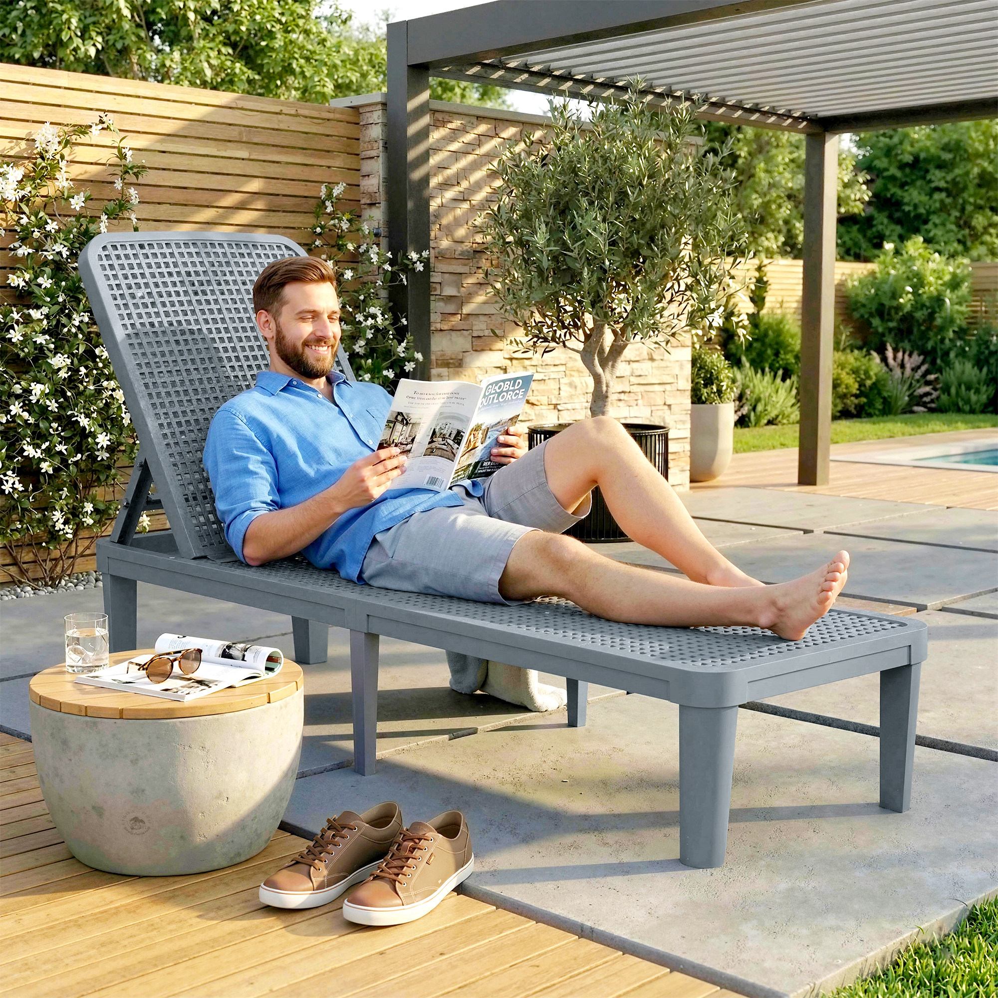Hombre lee en tumbona gris exterior junto a mesa con bebida y gafas.