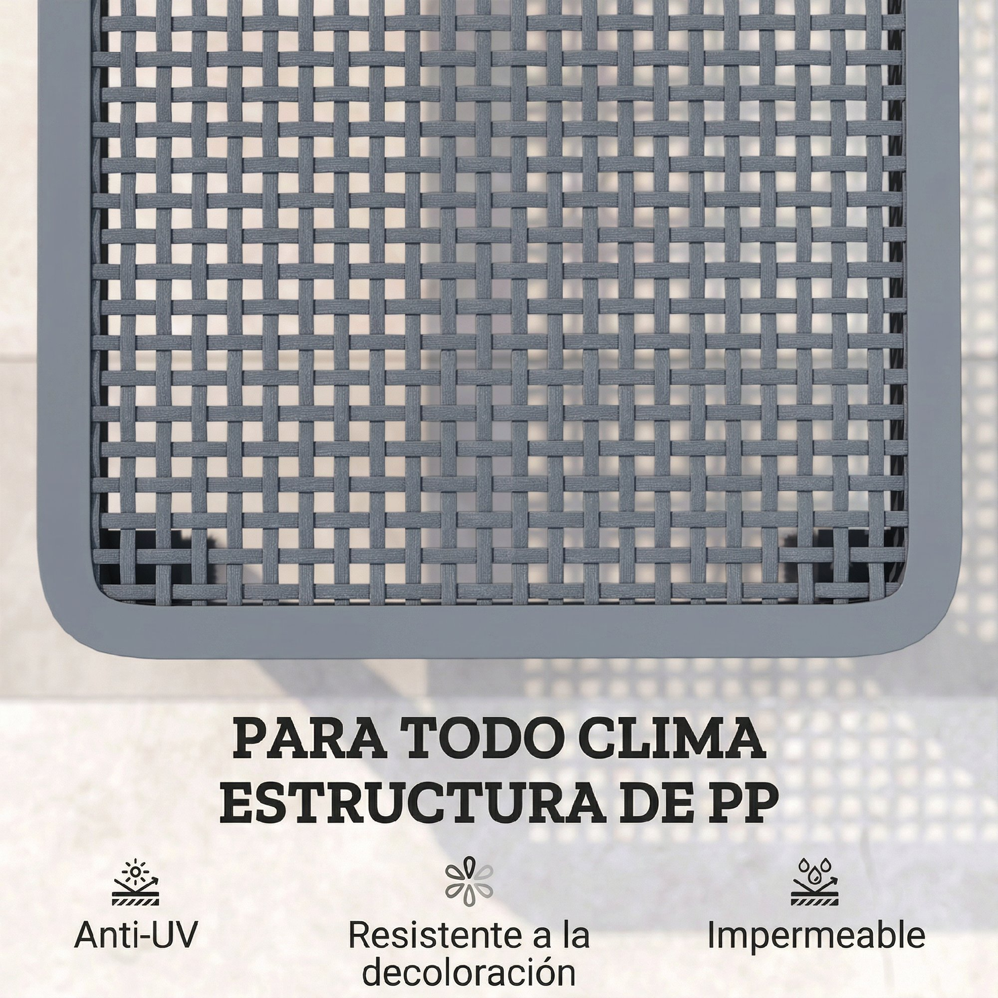 Mueble gris de PP tejido con texto que indica resistencia a rayos UV, decoloración e impermeabilidad.