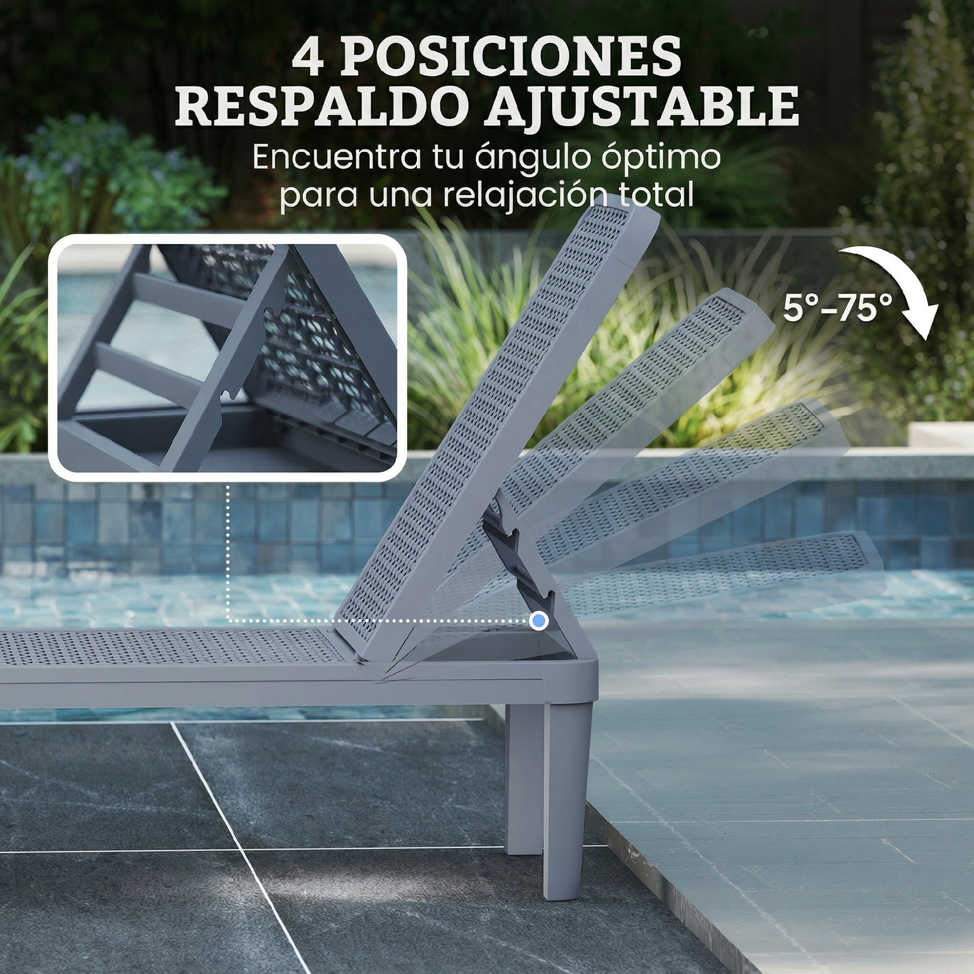 Tumbona gris con respaldo ajustable, 5°-75°, junto a una piscina.