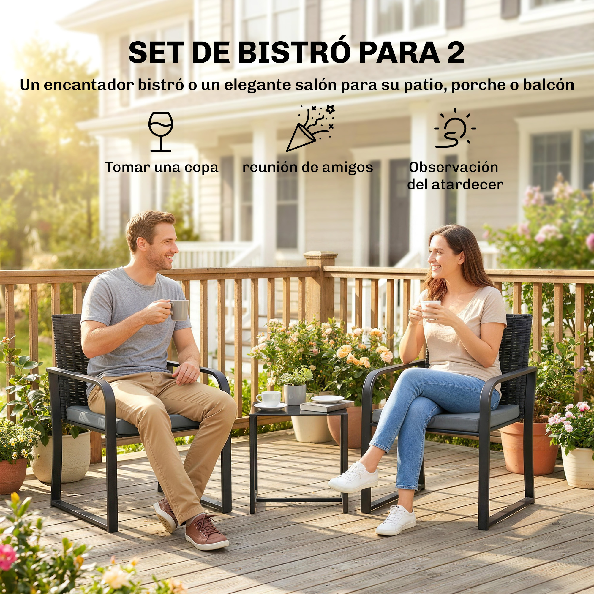 Un hombre y una mujer sentados en un patio en una mesa, disfrutando de bebidas.
