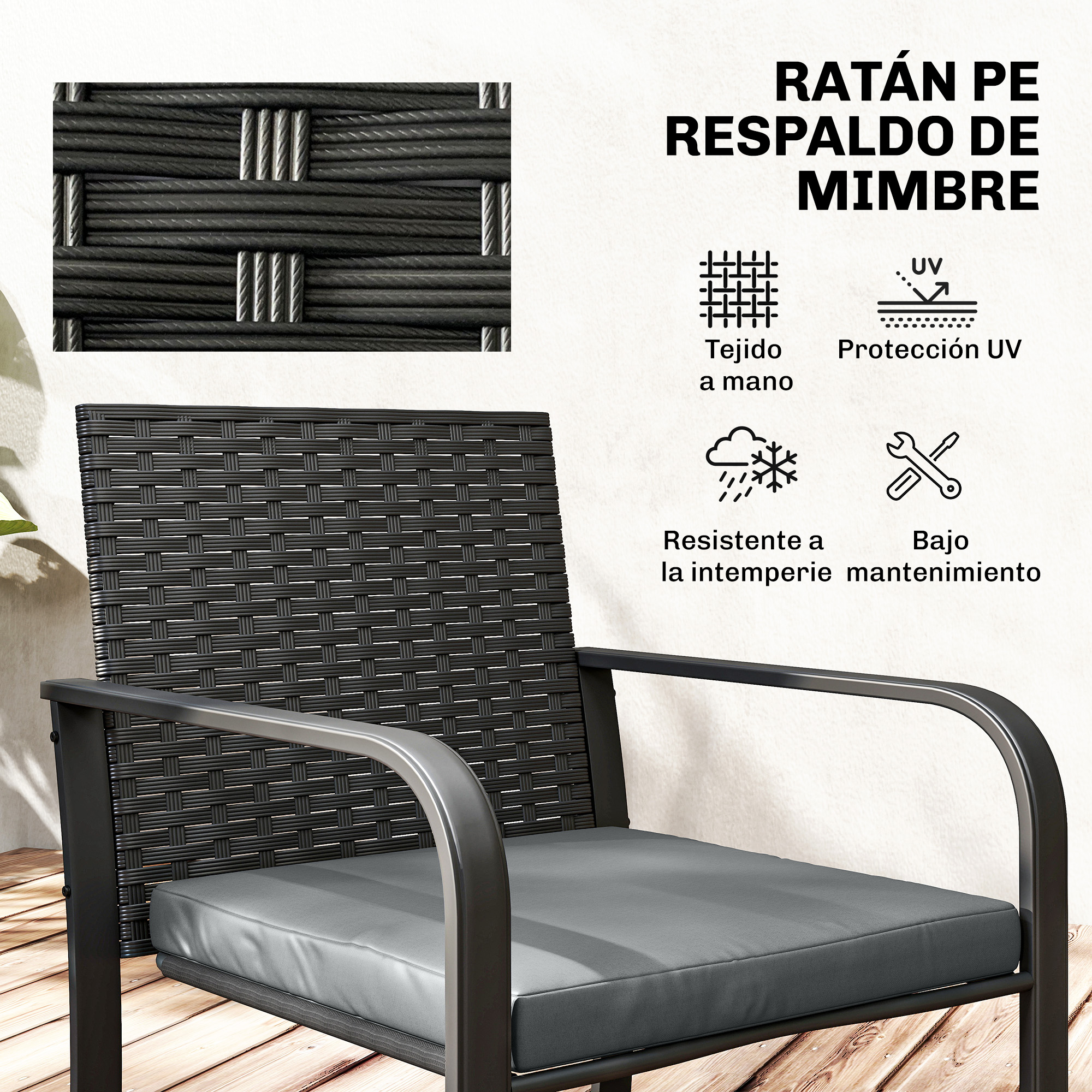 Silla de ratán gris oscuro con cojín, protección UV, resistente.