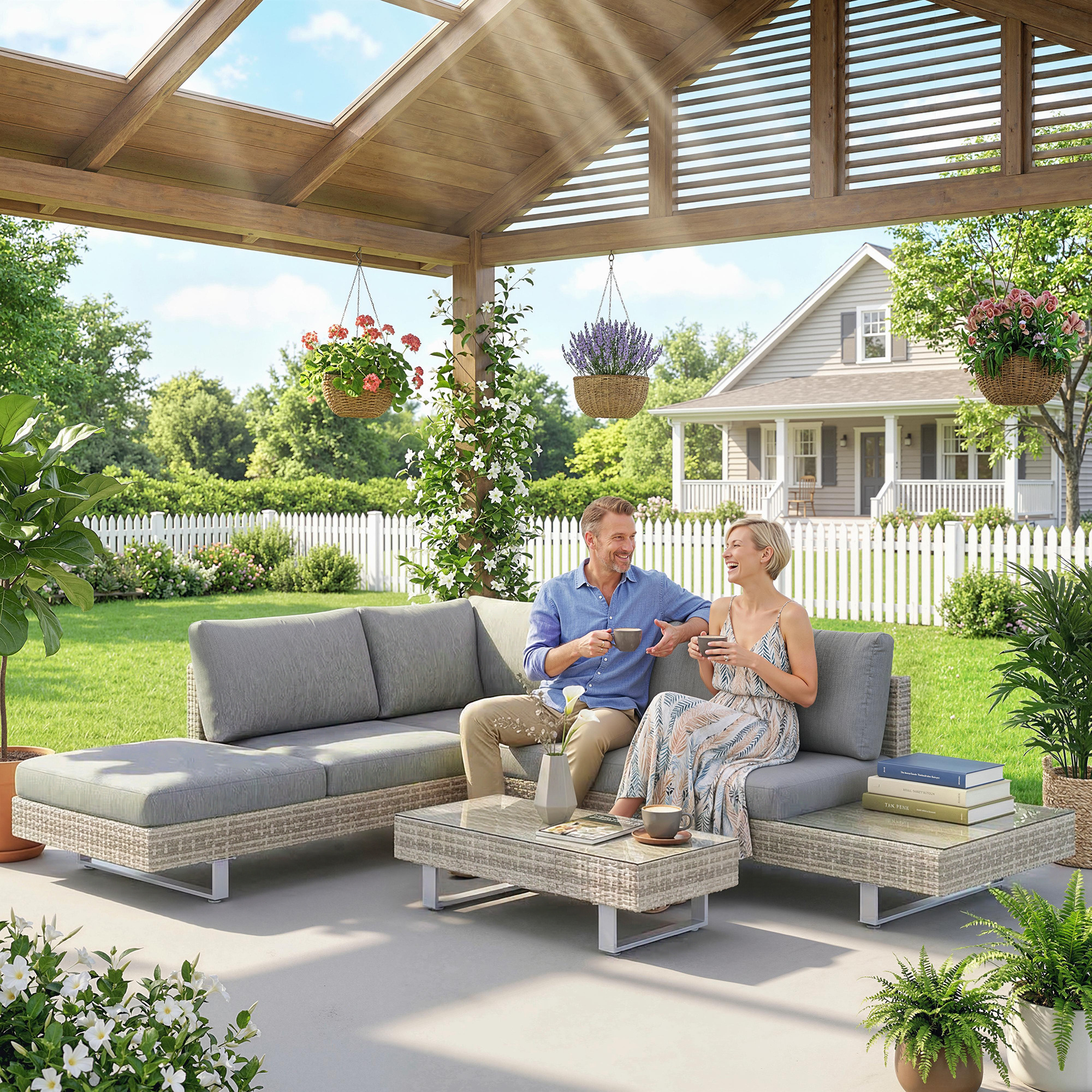 Una pareja bebe café en un sofá seccional bajo una pérgola de madera en un jardín.