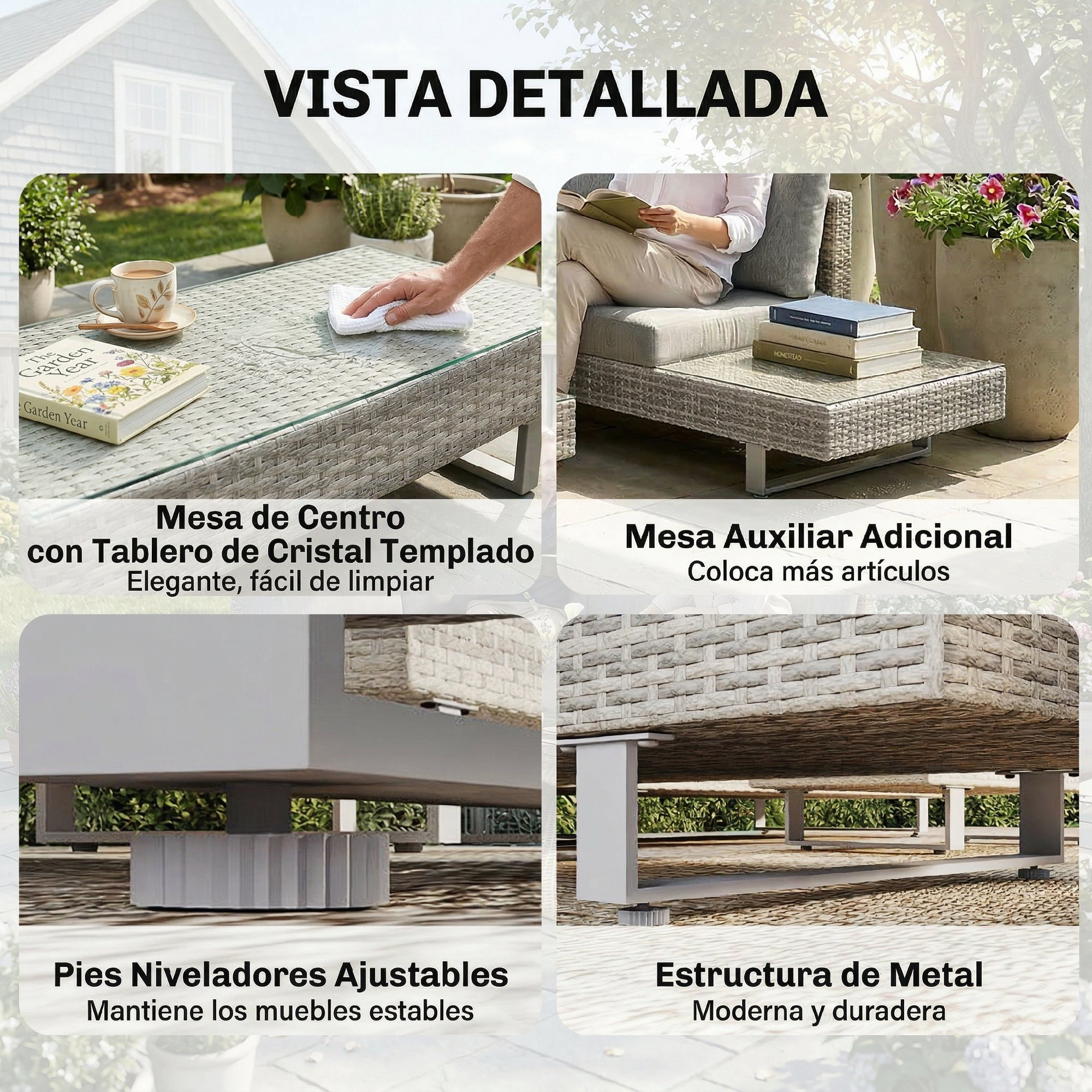 Detalles de muebles de exterior: mesa de centro con tapa de cristal, mesa auxiliar, pies ajustables, estructura metálica.