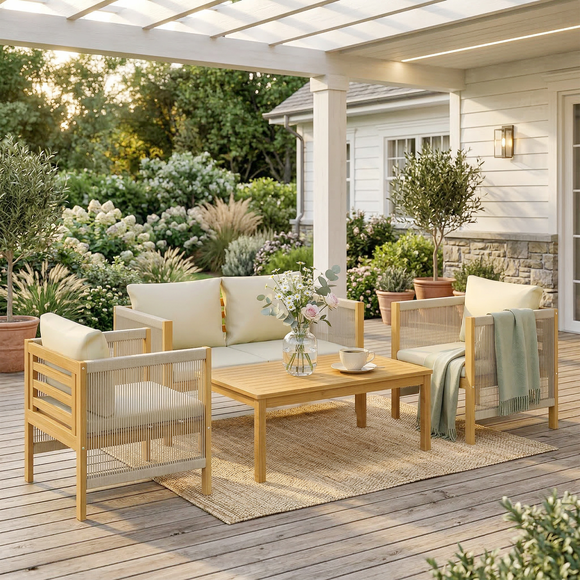 Un juego de muebles de exterior de madera con sofá, sillones y mesa de centro.