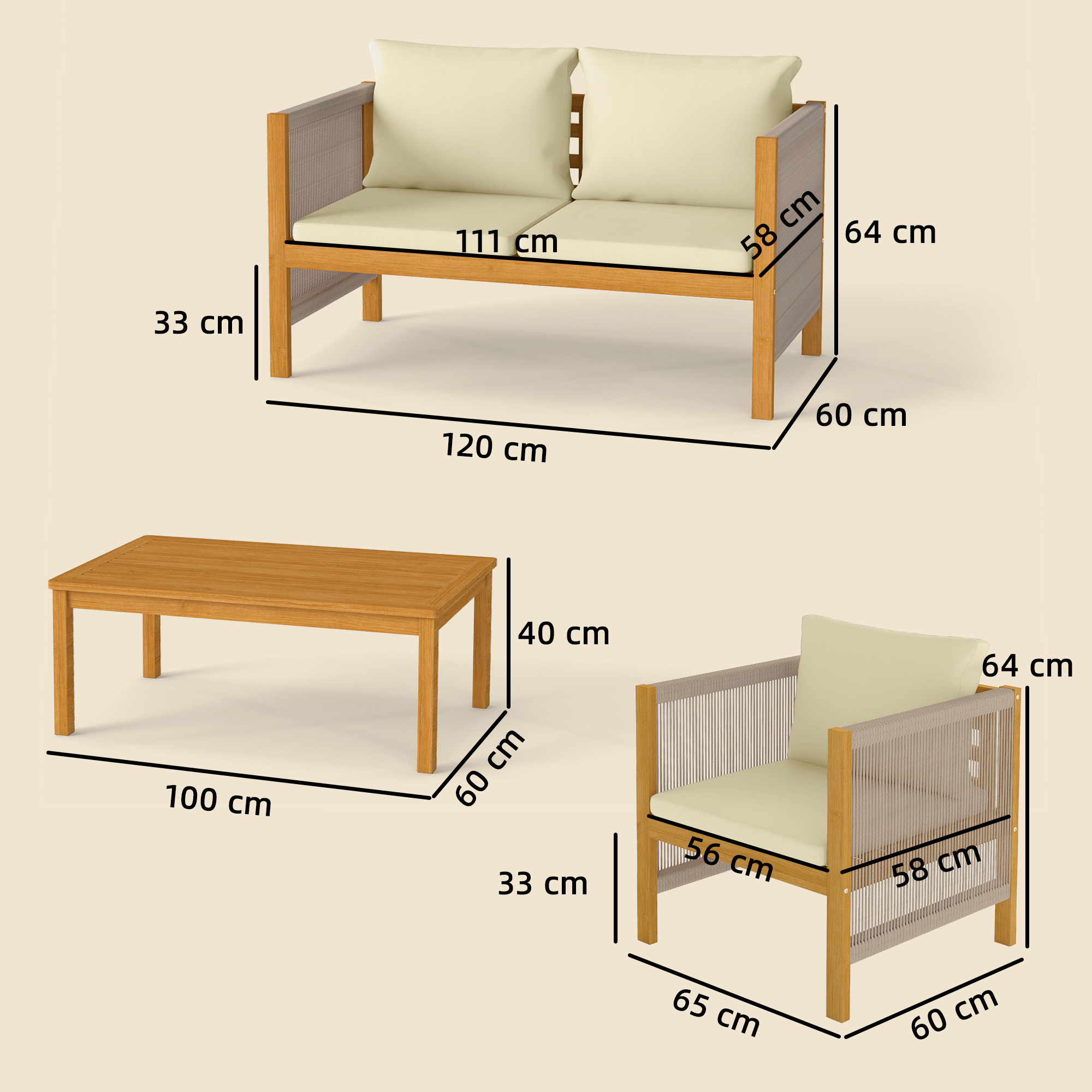 Un sofá, sillón y mesa de centro de madera con dimensiones.