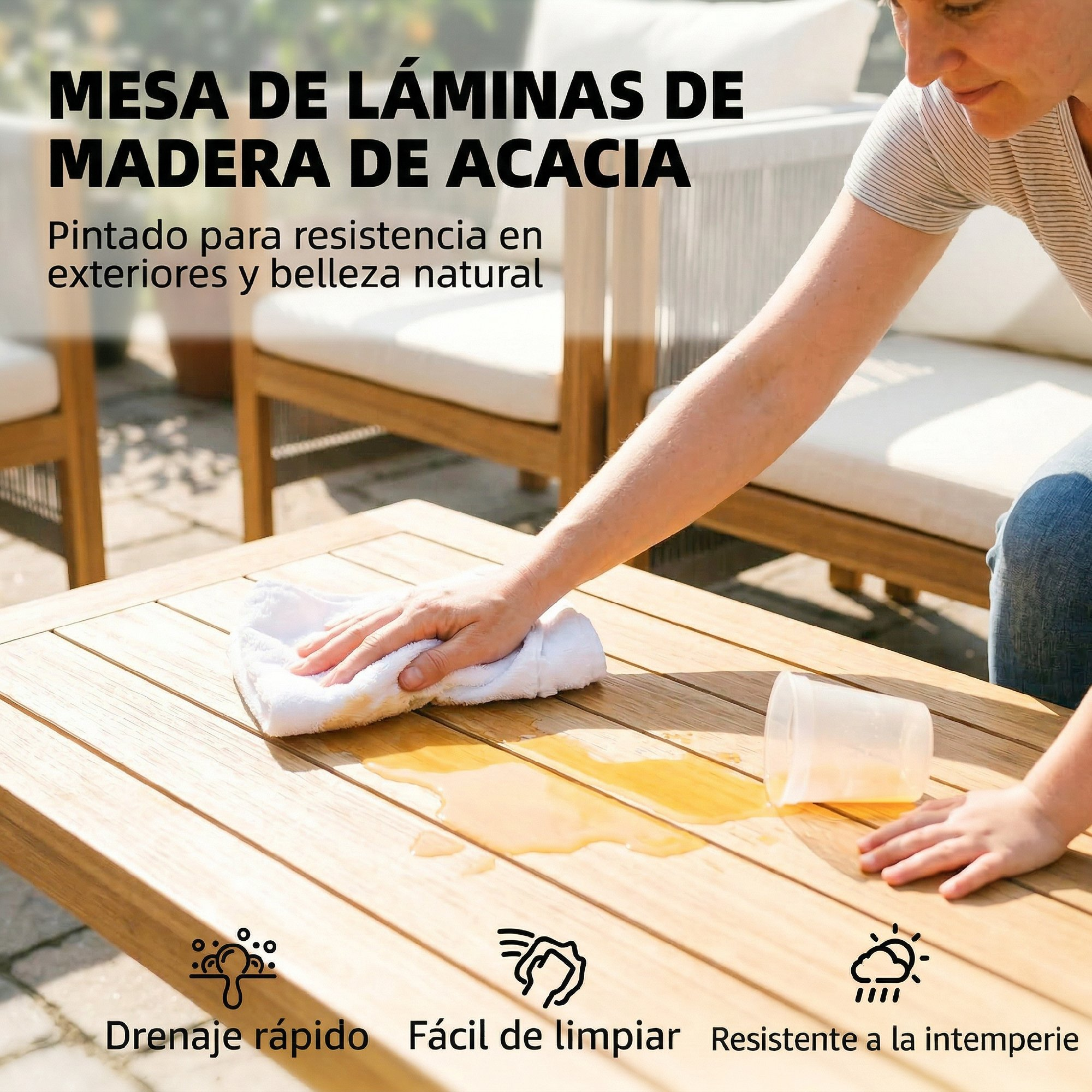 Mesa de madera de acacia con bebida derramada limpiándose con un paño.
