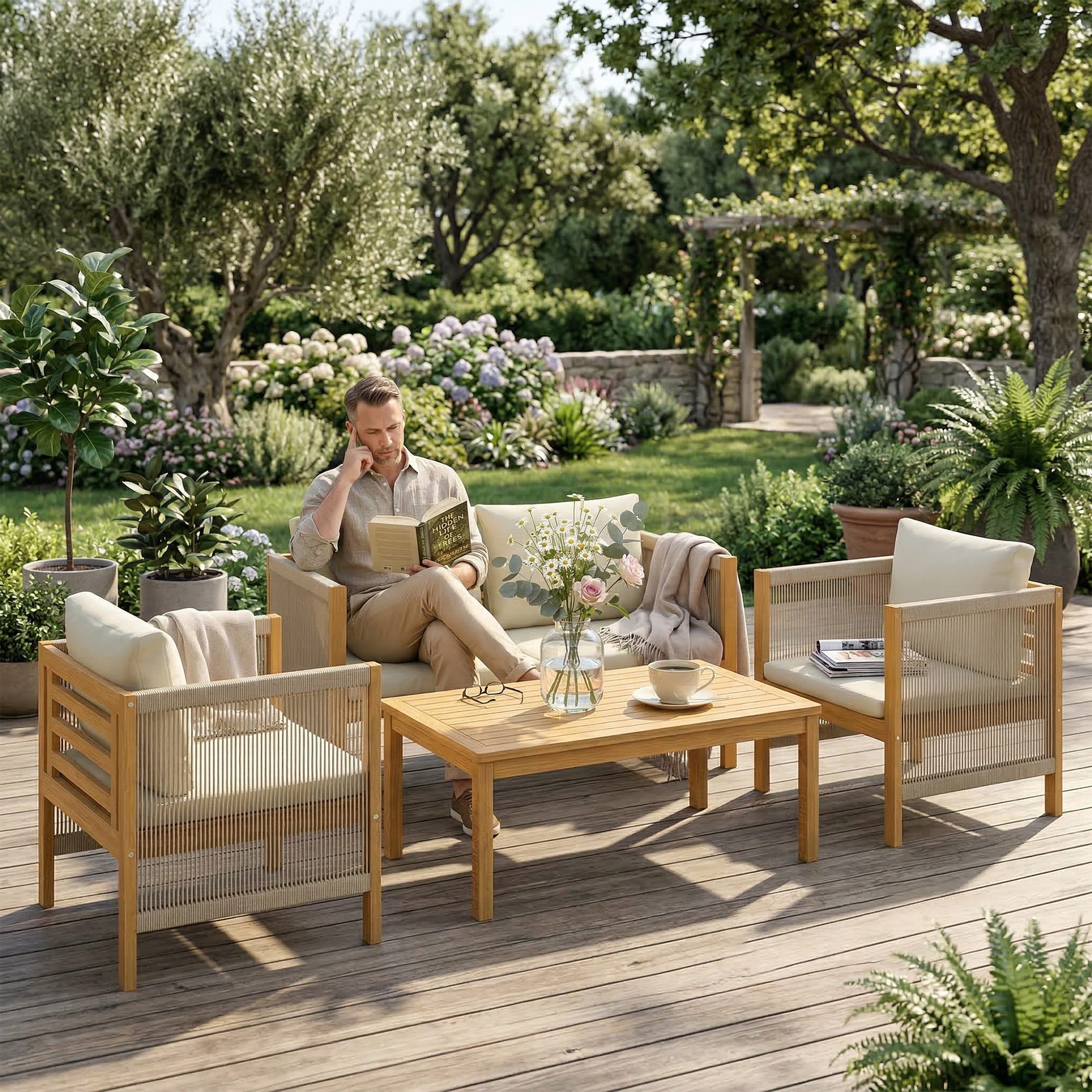Un hombre lee un libro en un jardín sobre una tarima de madera junto a muebles de exterior.