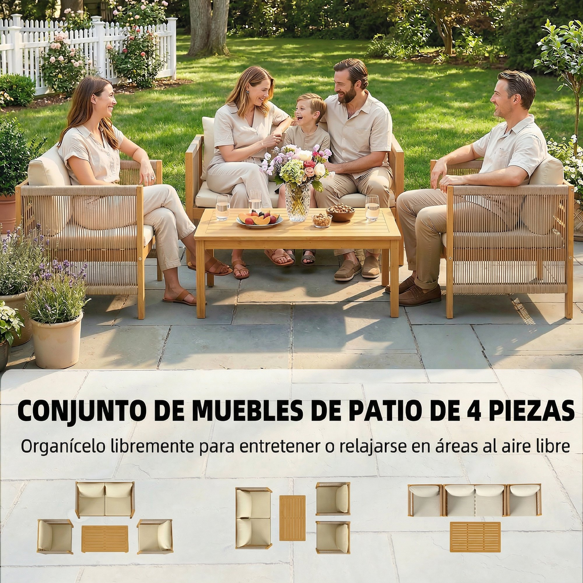 Familia disfrutando de un picnic en el jardín con muebles de exterior.