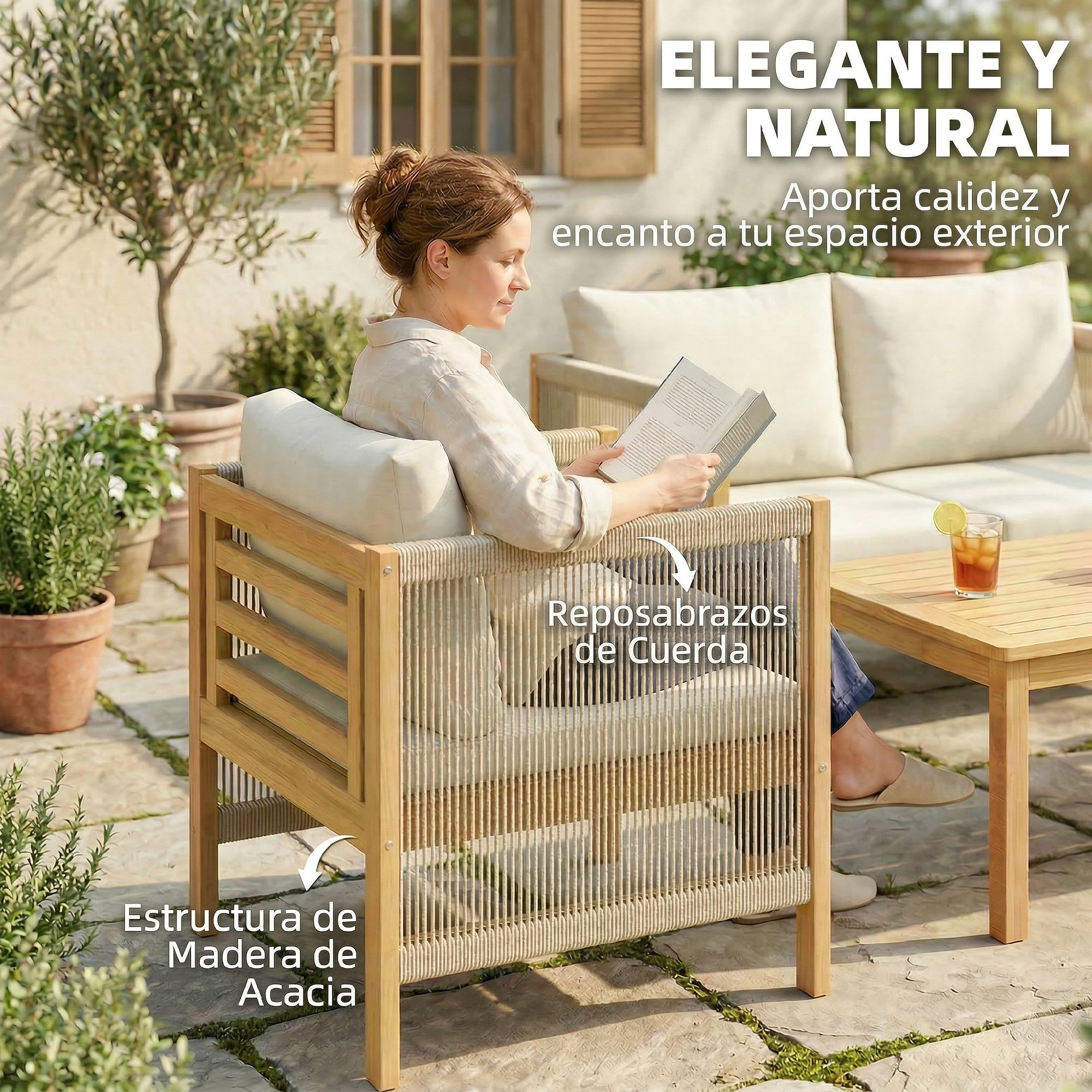 Una mujer lee un libro en una silla de madera exterior con brazos de cuerda.