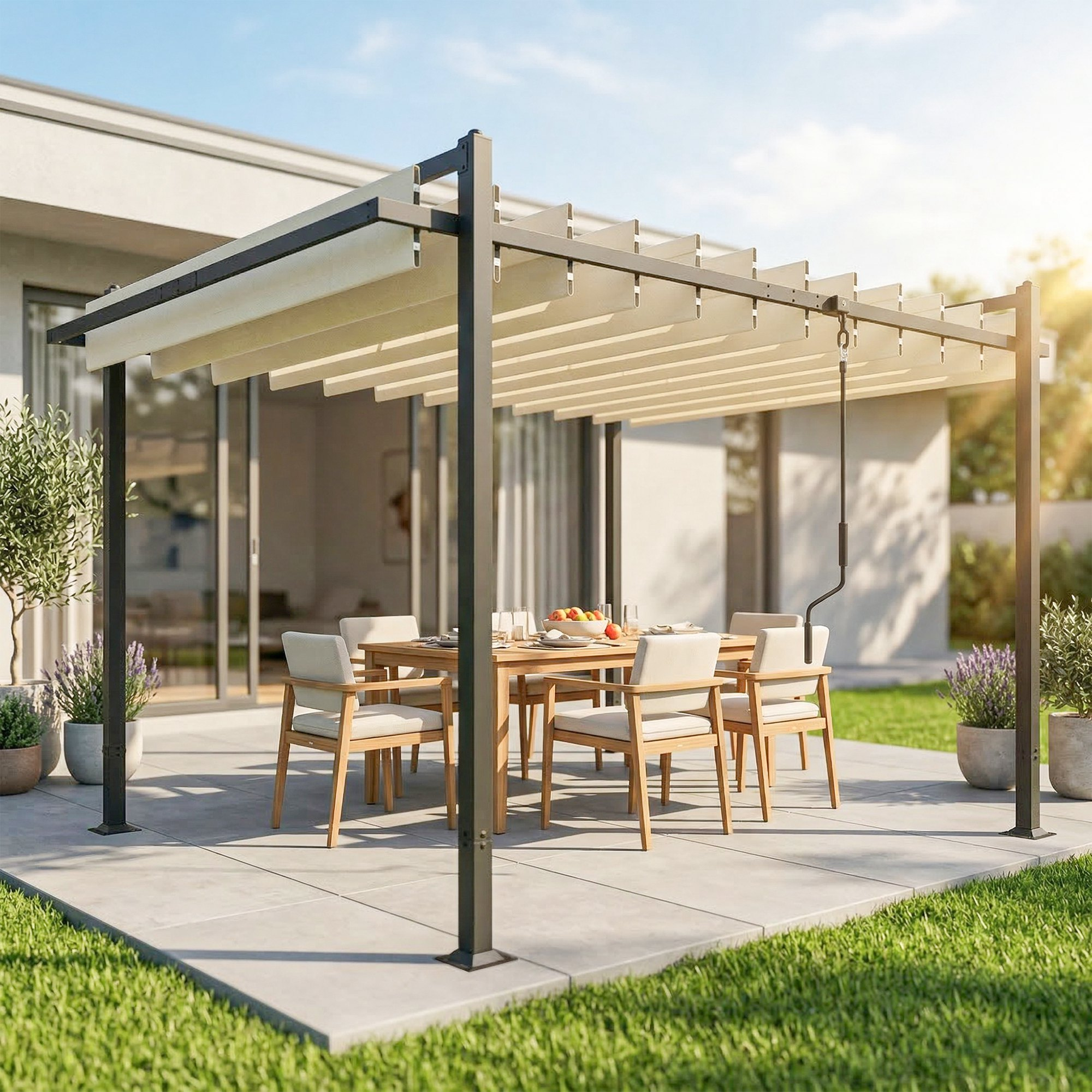 Una mesa de comedor exterior con sillas bajo una pérgola.
