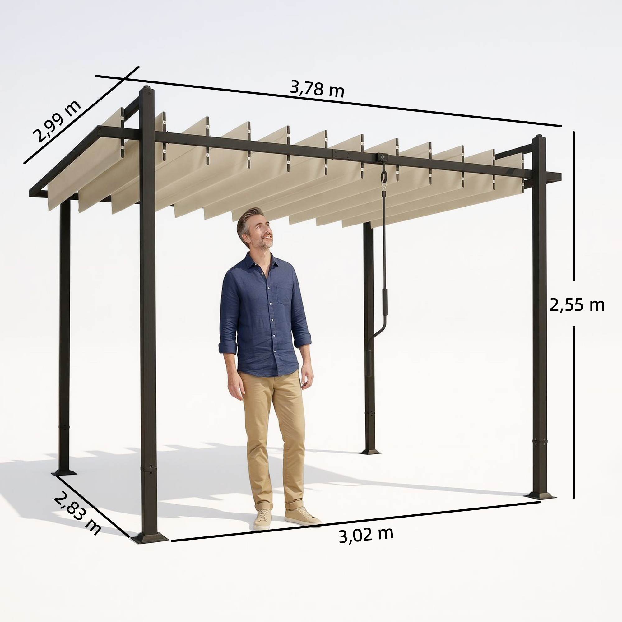 Un hombre bajo una pérgola beige con soportes oscuros. Se indican las dimensiones.