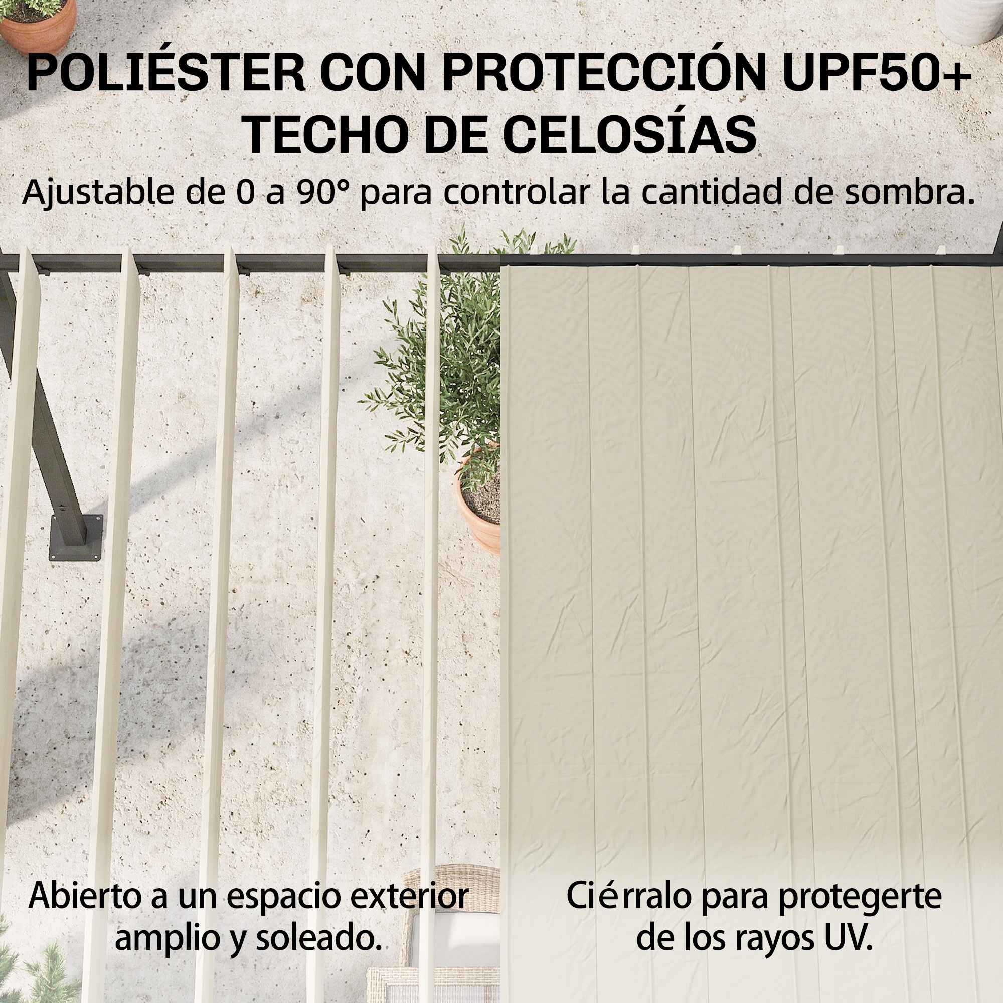 Techo de celosías de poliéster UPF50+. Abierto para sol, cerrado para sombra.