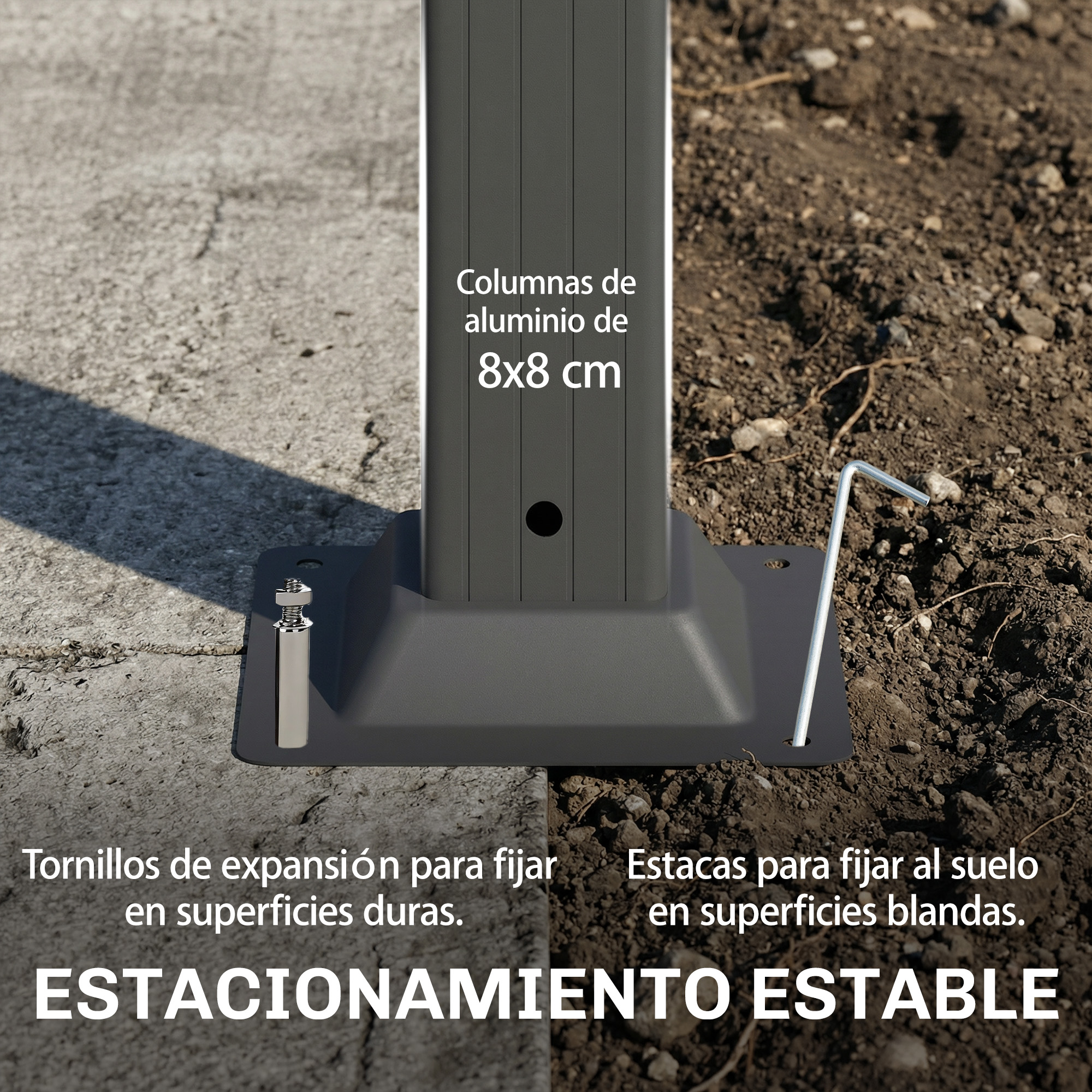 Postes de aluminio 8x8 cm, con tornillos para superficies duras o estacas.