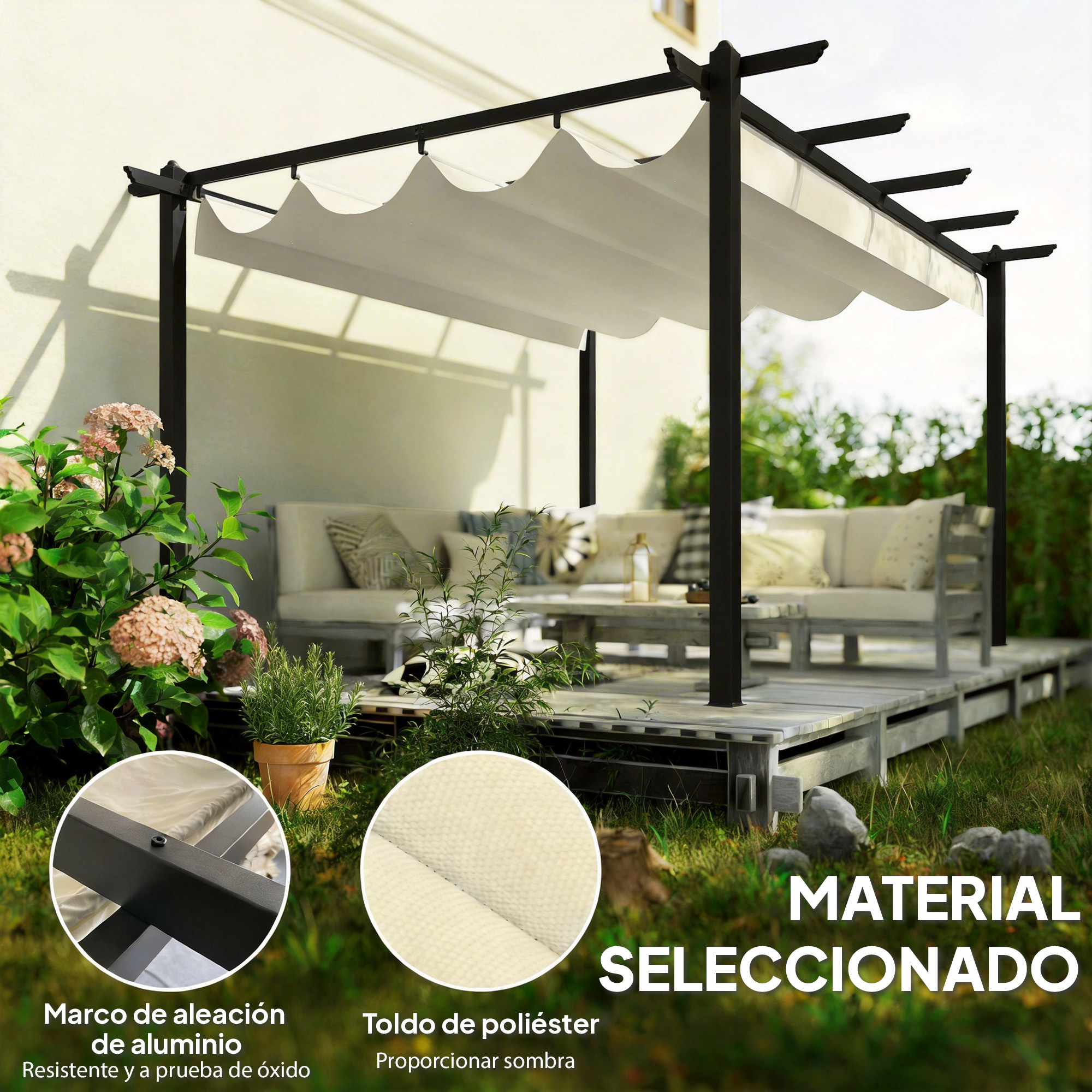 Una pérgola con toldo blanco, asientos y plantas en un entorno exterior.