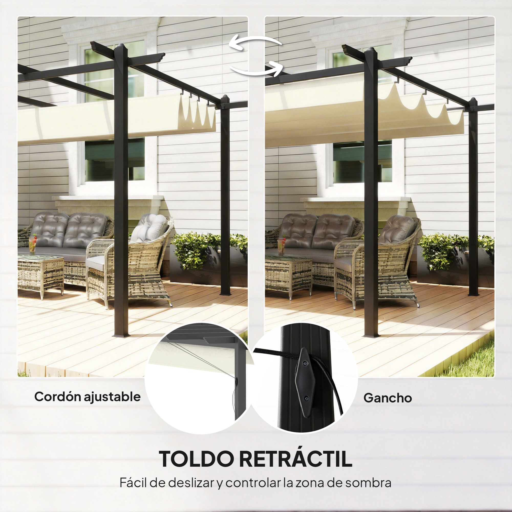 Toldo retráctil con cordón ajustable y gancho para sombra.
