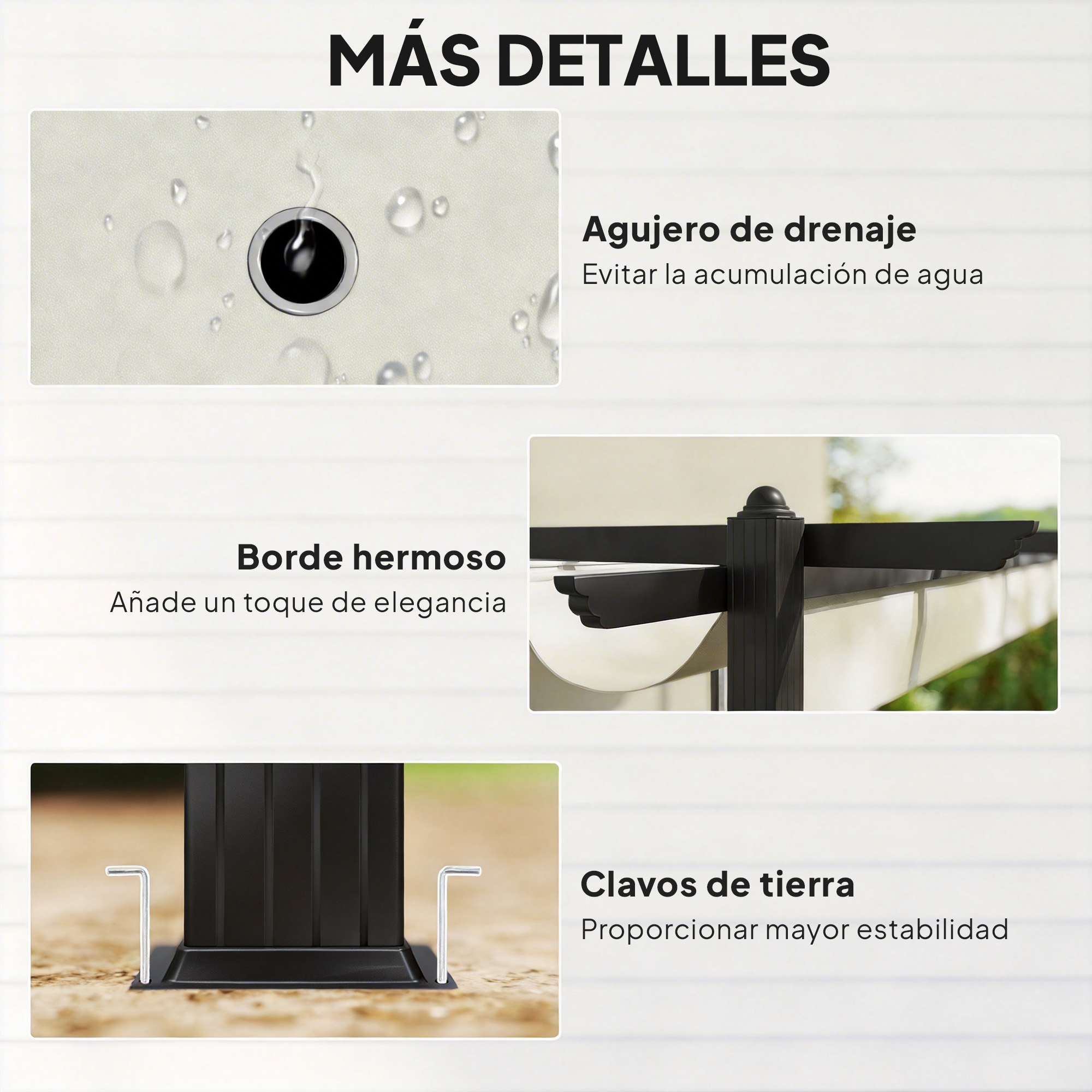 Detalles: Agujero de drenaje, borde bonito, clavos de tierra.