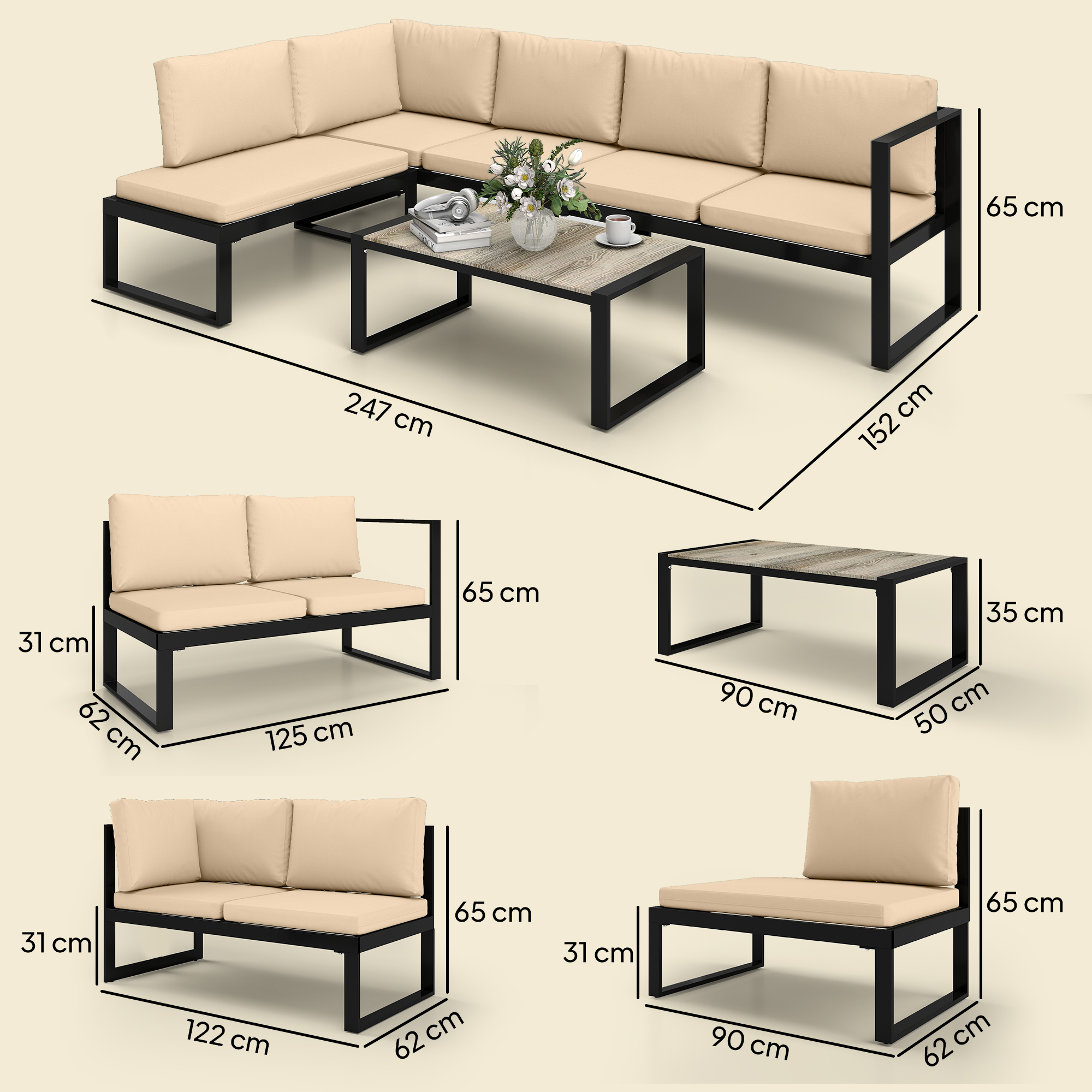 Conjunto de muebles de exterior: sofá esquinero, sofá de dos plazas, sillón, mesa.