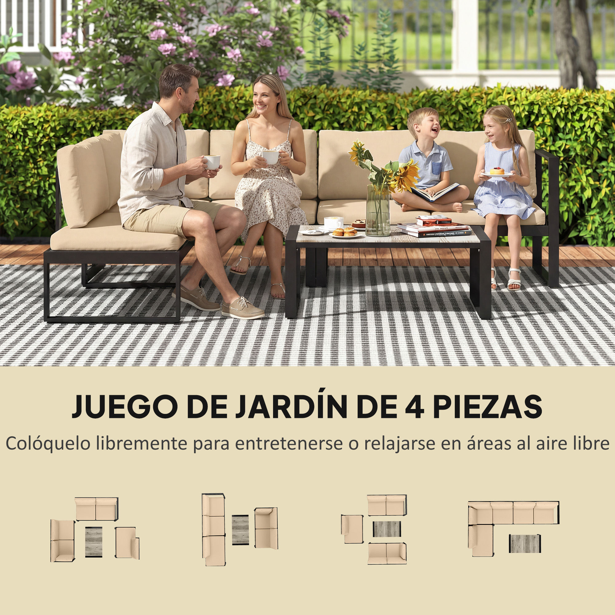 Familia relajándose en muebles de exterior, con girasoles y café.