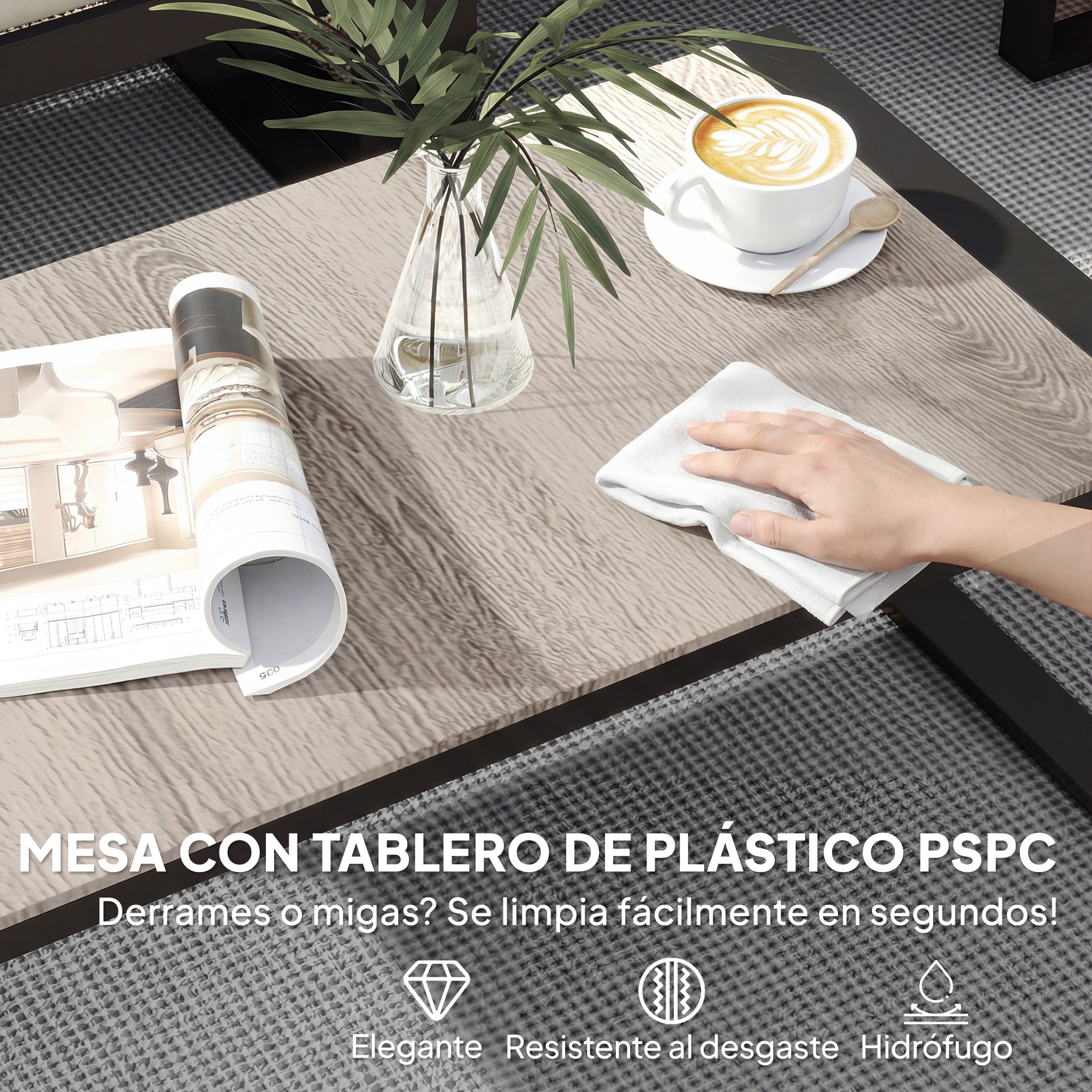Una mano limpia una mesa con café y una revista.
