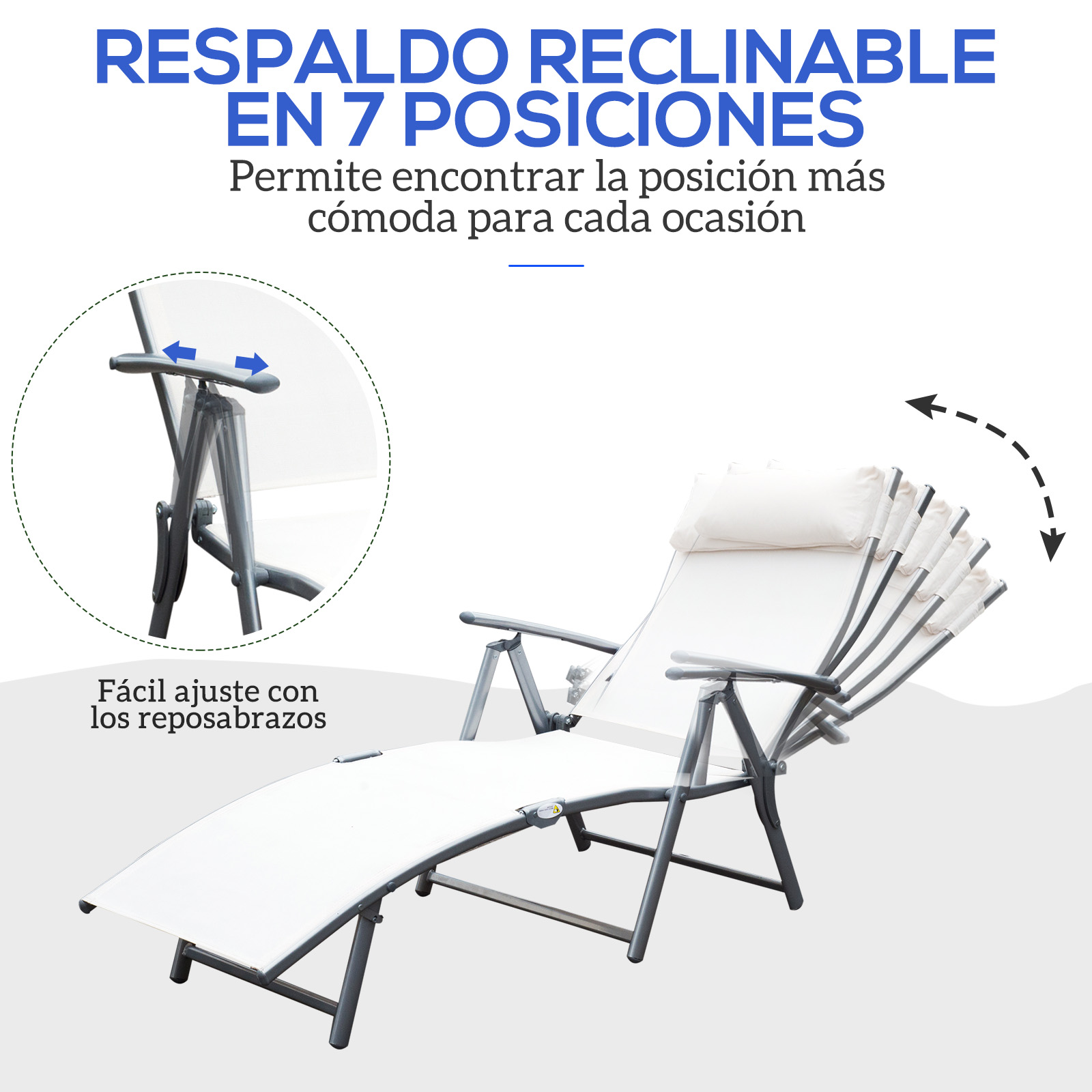 Una tumbona blanca con marco de metal gris, respaldo ajustable en 7 posiciones.
