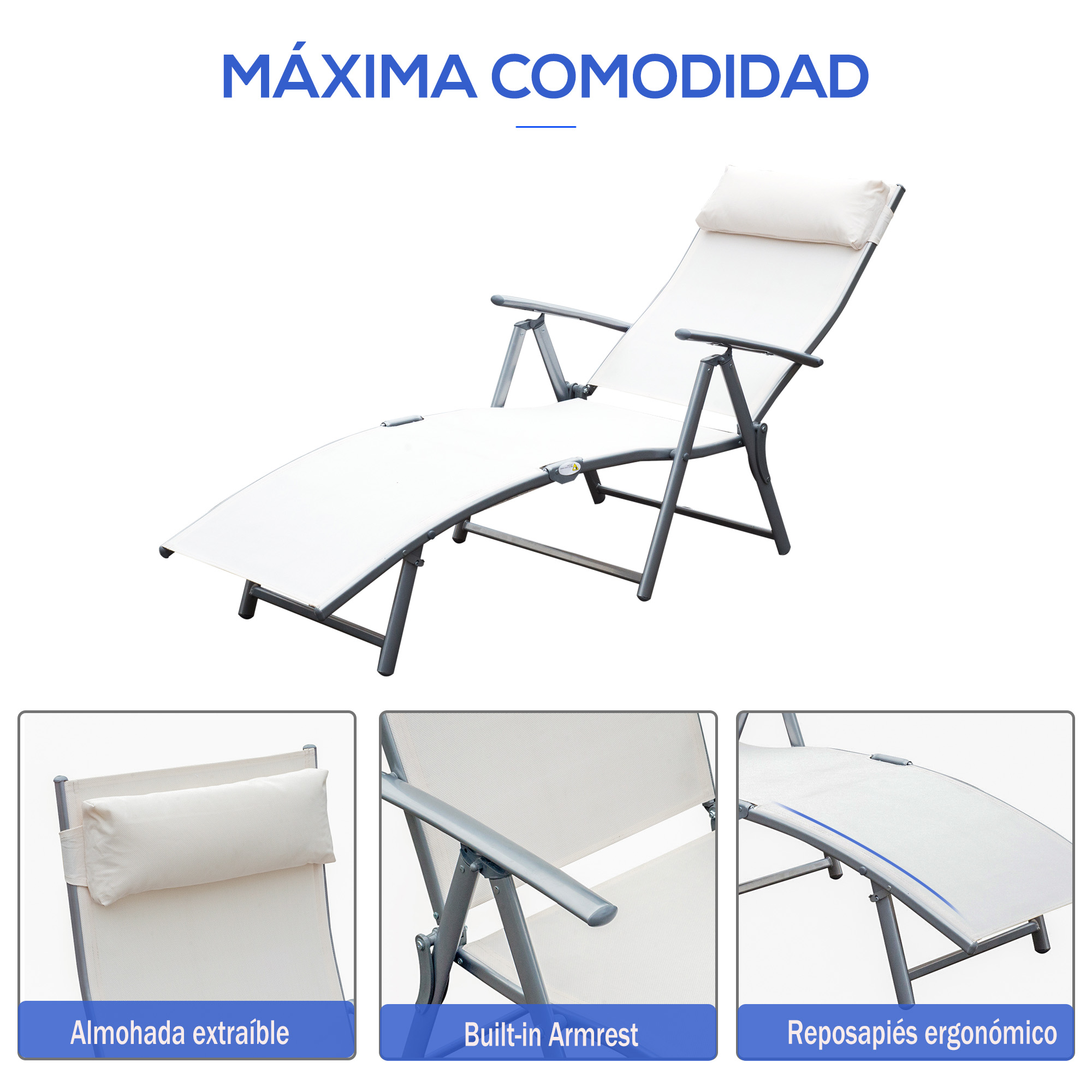 Una tumbona blanca con marco gris, almohada extraíble y reposabrazos.